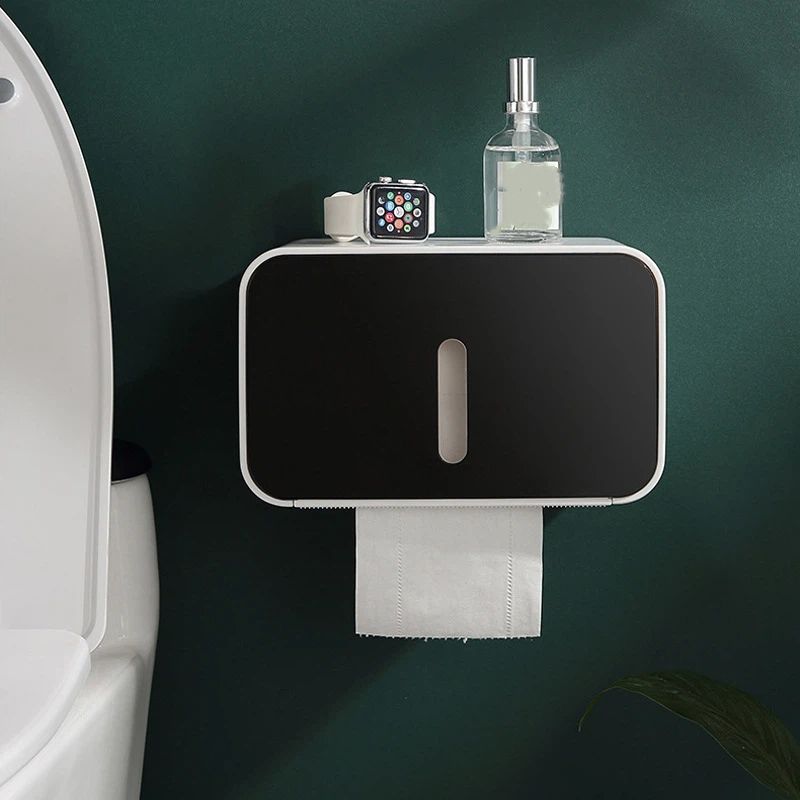 Outdoor Waterproof Toilet Paper Holder for Bathroom - Pet Proof Plastic Tissue Holder Dispenser Full Cover Adhesive Mounted, Toilet Paper Roll（black 21*13.5*13.5cm） - Image 3