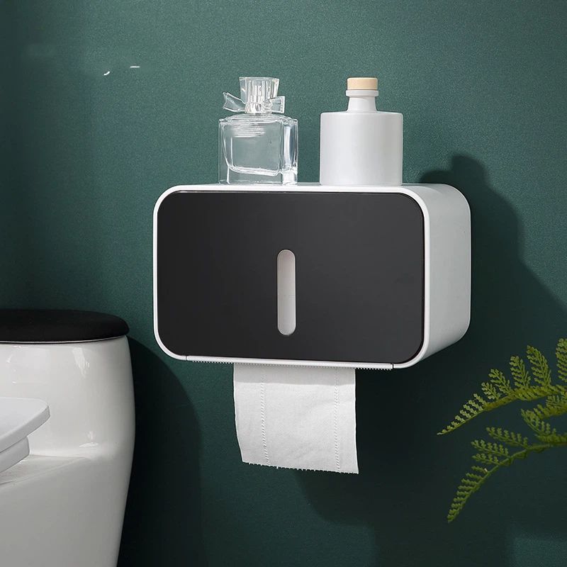 Outdoor Waterproof Toilet Paper Holder for Bathroom - Pet Proof Plastic Tissue Holder Dispenser Full Cover Adhesive Mounted, Toilet Paper Roll（black 21*13.5*13.5cm） - Image 4