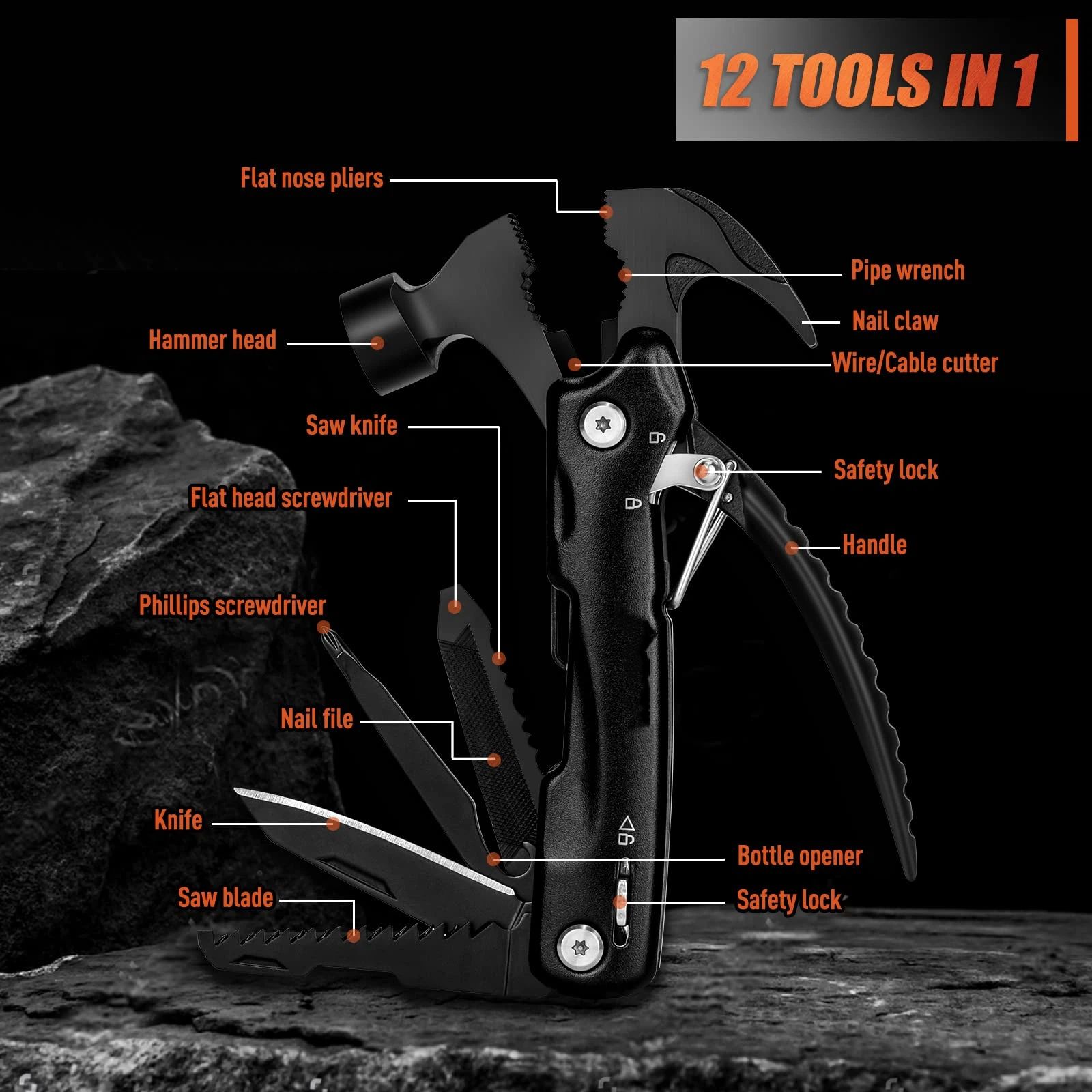 12 in 1 Hammer Multitool Gifts for Men, White Elephant Gifts for Adults, Mens Gifts for Dad Him Husband, Christmas Gift for Mens Dad Him, Camping Essentials Gear，black(14*7cm） - Image 2