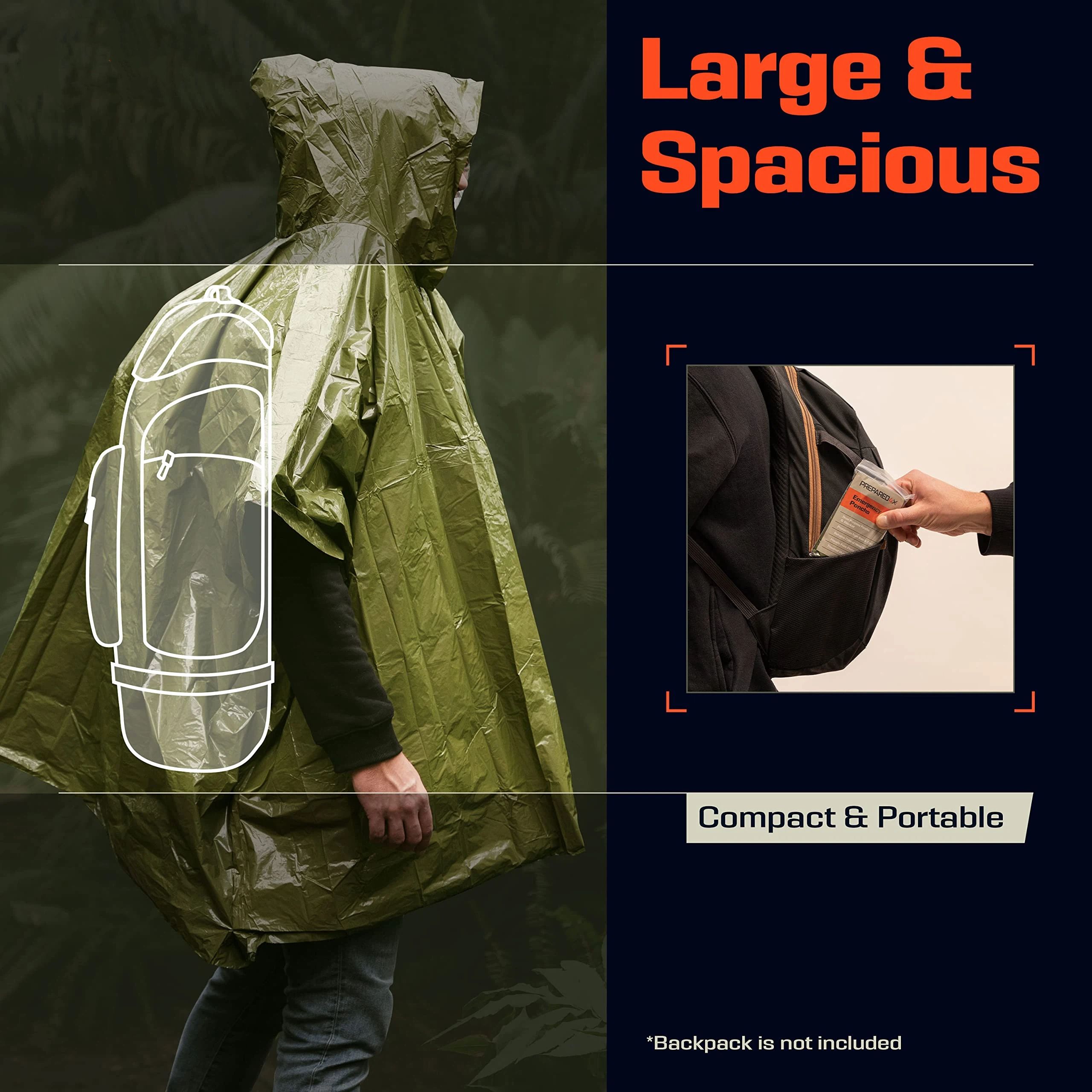 4pcs Emergency Poncho and Mylar Blanket Liner - Waterproof, Wind-Resistant Outdoor Rain Poncho for Camping, Emergencies,Expand size 100 * 130cm(military green） - Image 2