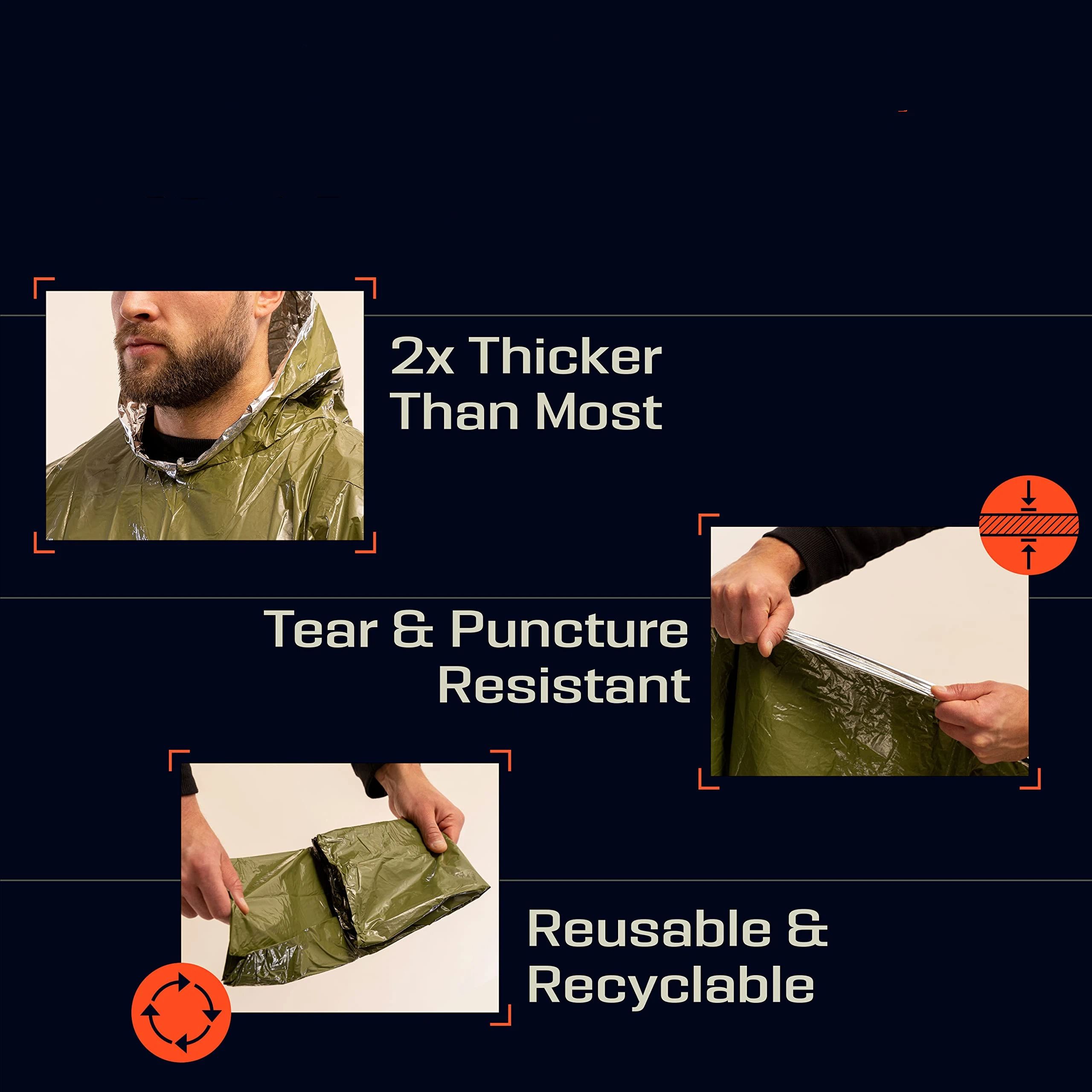 4pcs Emergency Poncho and Mylar Blanket Liner - Waterproof, Wind-Resistant Outdoor Rain Poncho for Camping, Emergencies,Expand size 100 * 130cm(military green） - Image 3