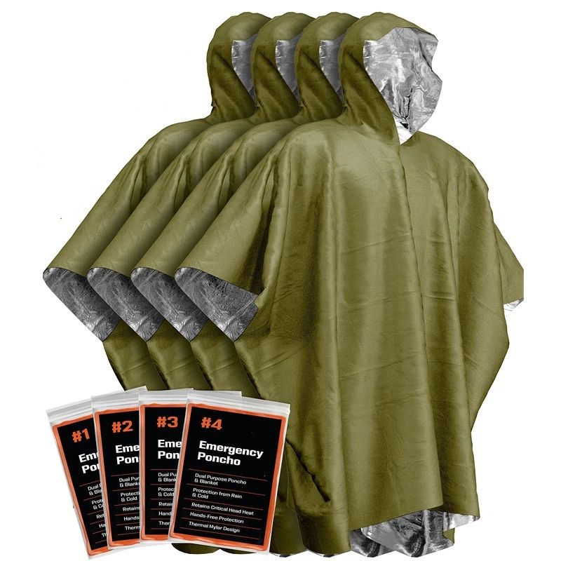 4pcs Emergency Poncho and Mylar Blanket Liner - Waterproof, Wind-Resistant Outdoor Rain Poncho for Camping, Emergencies,Expand size 100 * 130cm(military green） - Image 4
