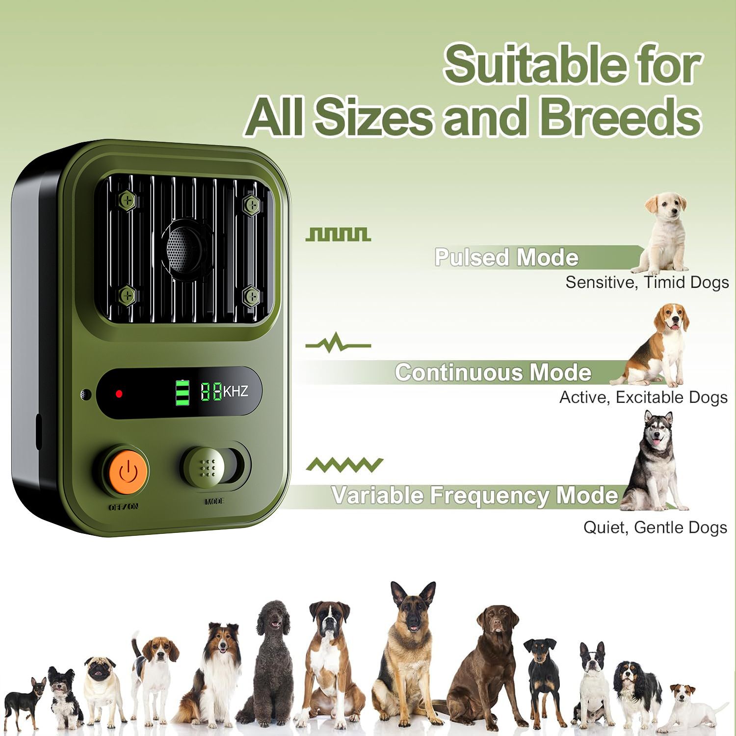 Anti Barking Device for Dogs, Rechargeable Ultrasonic Dog Control Devices Up to 50 Ft Range with 3 Modes,Silencer Sonic Barking Deterrent Indoor/Outdoor Safe for Dog & People green - Image 3