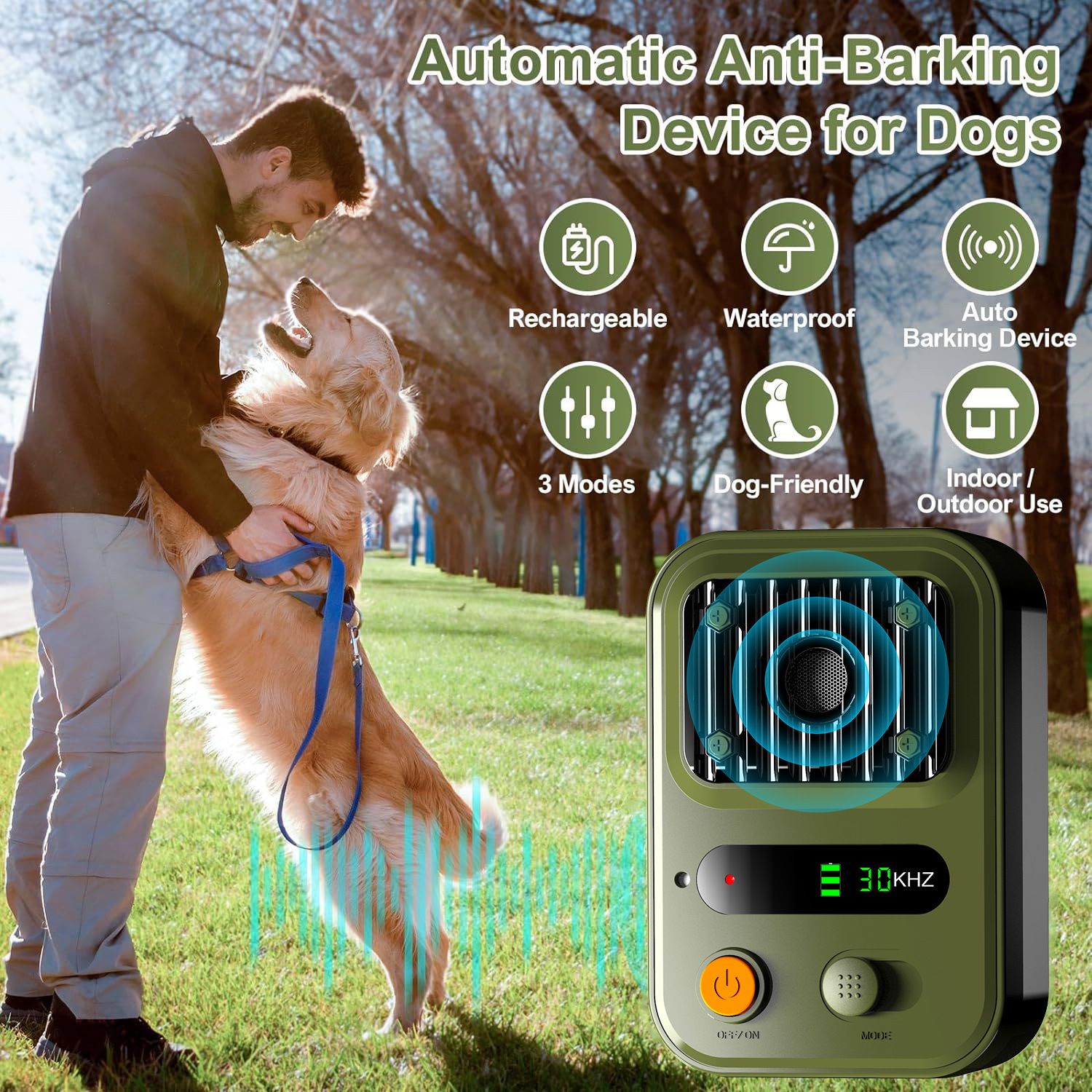 Anti Barking Device for Dogs, Rechargeable Ultrasonic Dog Control Devices Up to 50 Ft Range with 3 Modes,Silencer Sonic Barking Deterrent Indoor/Outdoor Safe for Dog & People green - Image 4