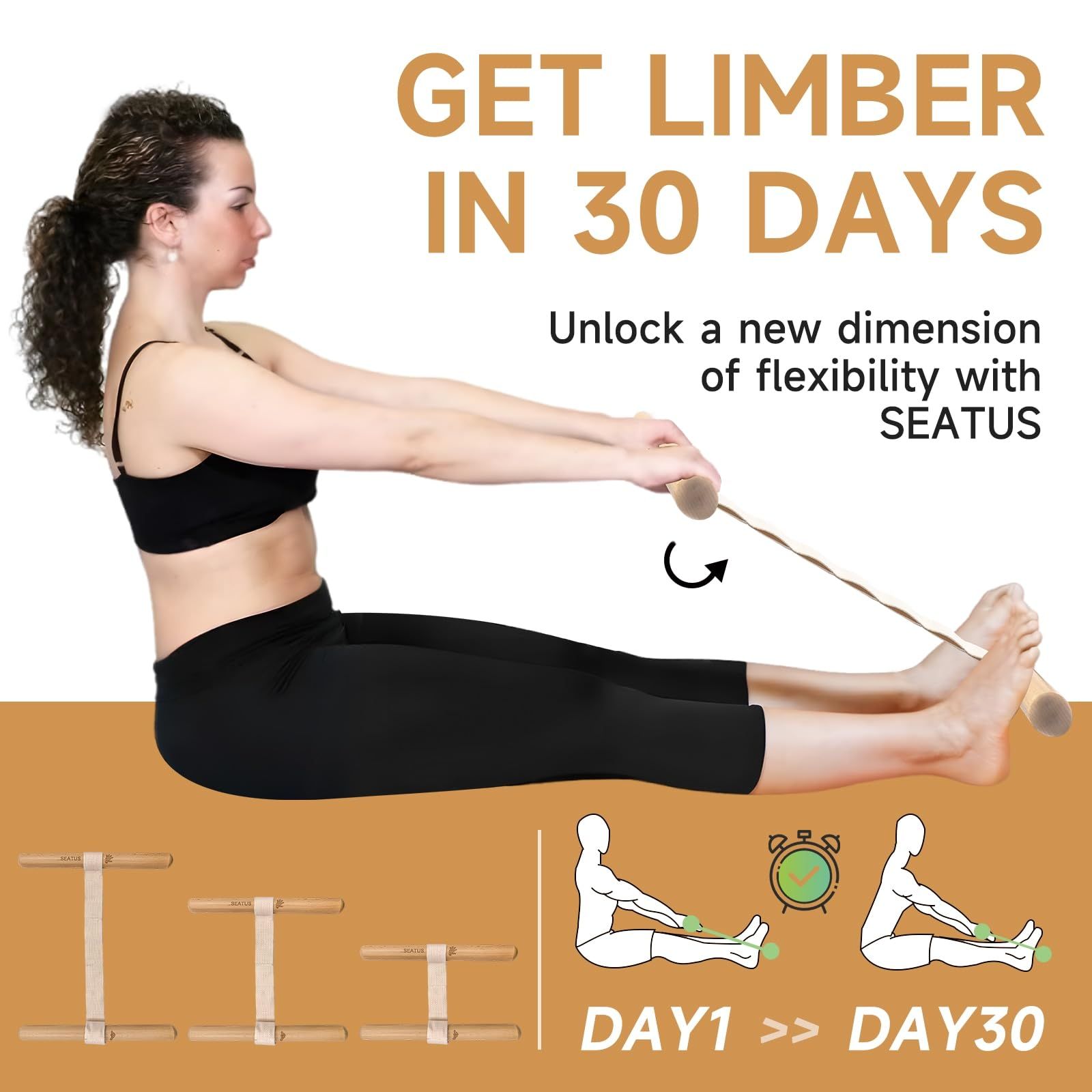 Stretching Tool – 2-in-1 Flexibility & Back Trainer | Daily Mobility & Pain Relief | Compact Stretch Aid for Home, Office(natural wood color32*3） - Image 3