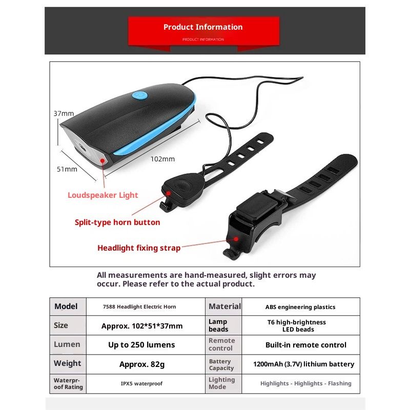 Bike Lights with Horn Set USB Rechargeable Bike Accessories for Kids Adults Waterproof Mountain, Night Riding（7588 horn headlights blue） - Image 5