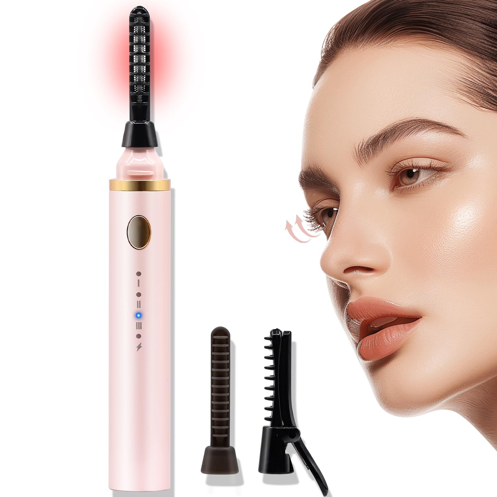 360° Heated Lash Brush Rechargeable with 3 Brush Heads & 3 Temp & 5s Fast Heating【Lengthen/Define/Curler】 3-in-1 Lash Curler for All Types of Lashes 【pink】 - Image 1