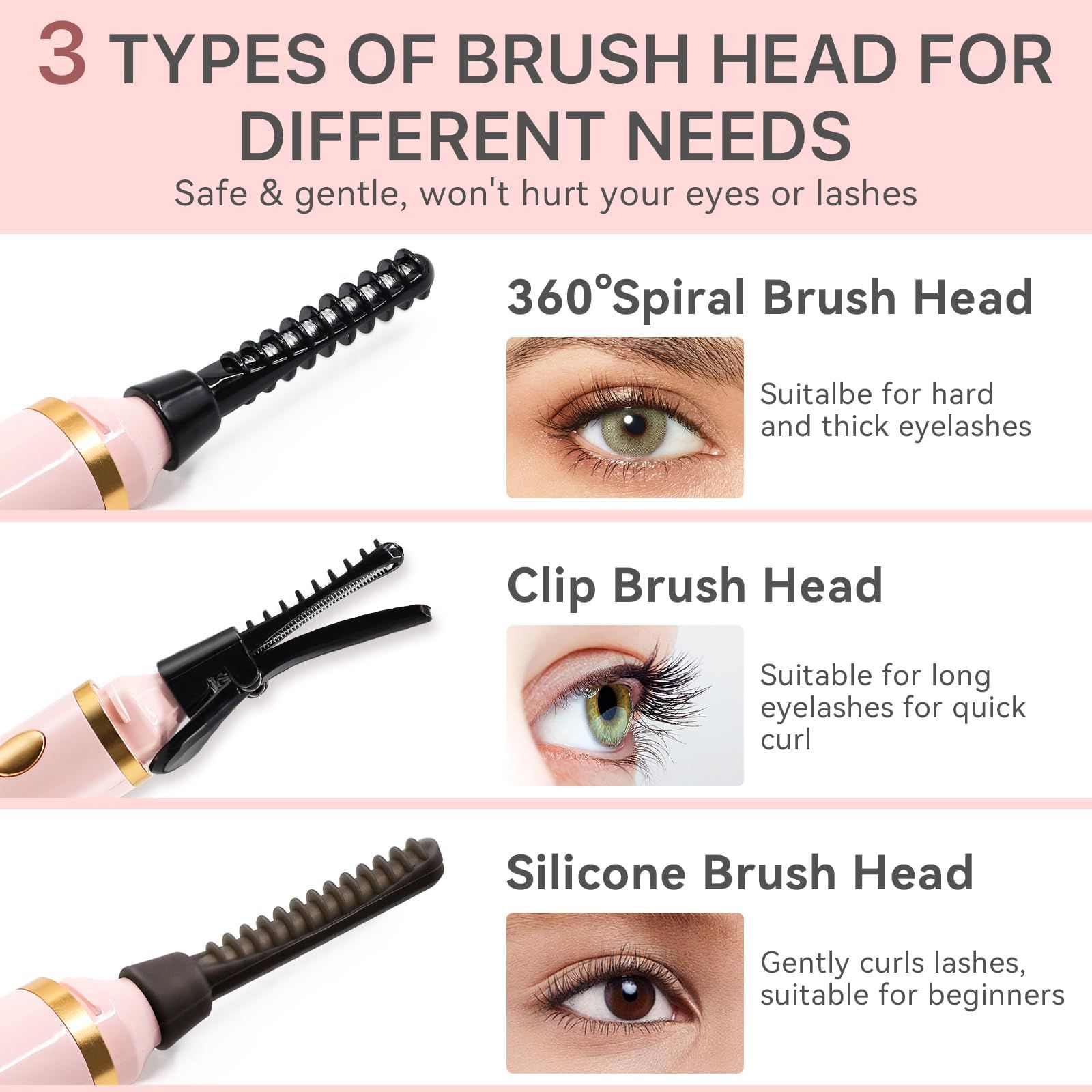 360° Heated Lash Brush Rechargeable with 3 Brush Heads & 3 Temp & 5s Fast Heating【Lengthen/Define/Curler】 3-in-1 Lash Curler for All Types of Lashes 【pink】 - Image 2