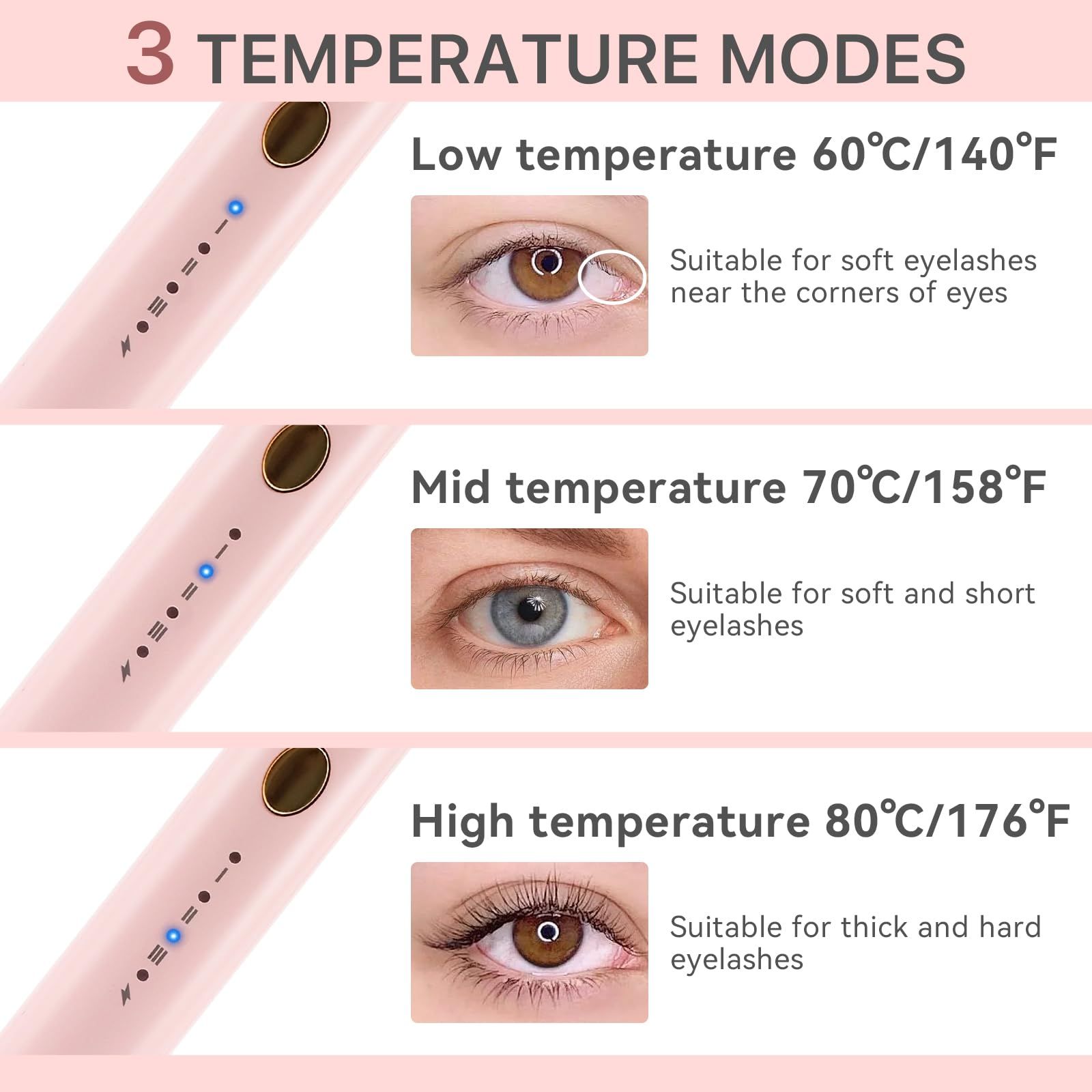 360° Heated Lash Brush Rechargeable with 3 Brush Heads & 3 Temp & 5s Fast Heating【Lengthen/Define/Curler】 3-in-1 Lash Curler for All Types of Lashes 【pink】 - Image 3