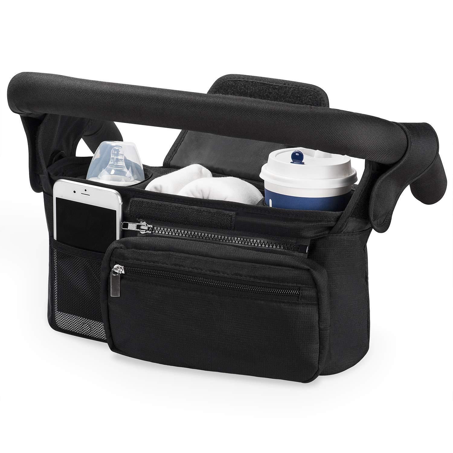 Universal Stroller Organizer with Insulated Cup Holder, Detachable Phone Bag, Shoulder Strap – Fits All Stroller Types, Keeps Drinks Hot/Cold (Black) - Image 1