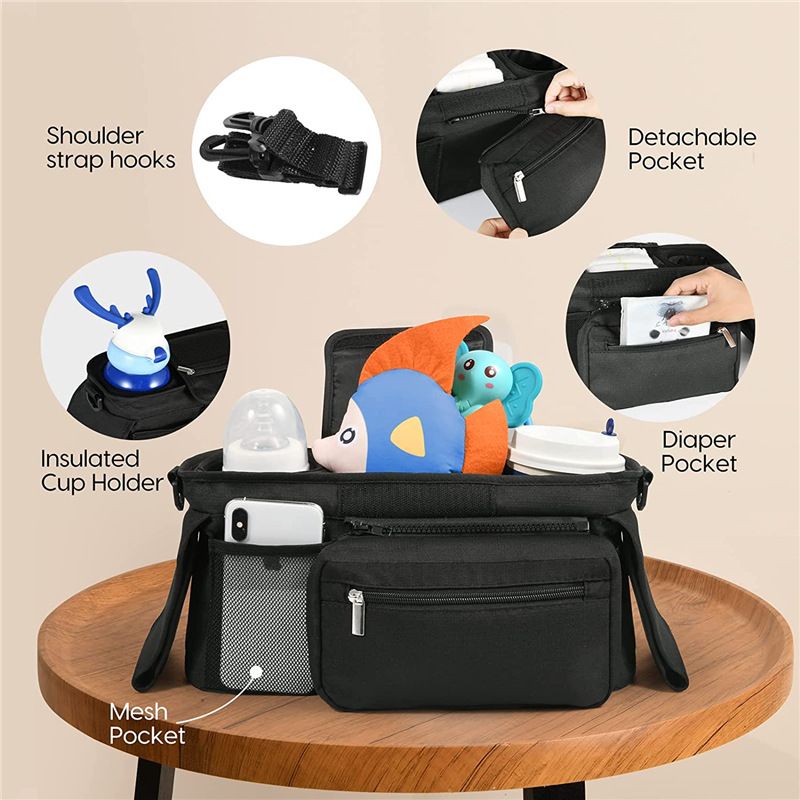 Universal Stroller Organizer with Insulated Cup Holder, Detachable Phone Bag, Shoulder Strap – Fits All Stroller Types, Keeps Drinks Hot/Cold (Black) - Image 2