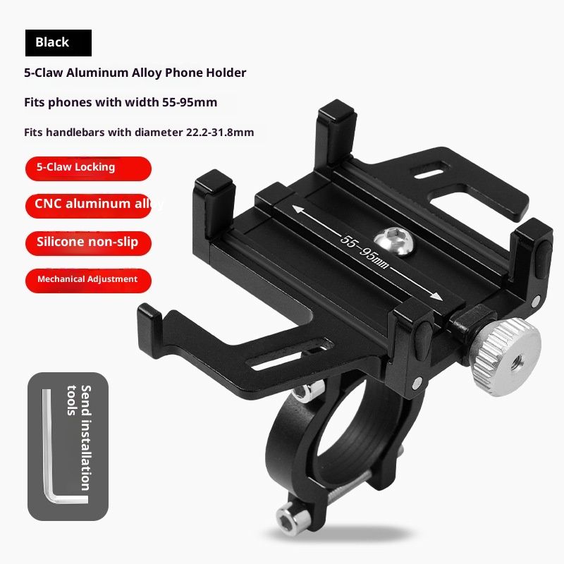 Bike Phone Mount Holder, Aluminum Motorcycle Phone Holder Mount with 360° Rotation, Aluminum Alloy Five Claws Adjustable Road Bike Bracket(Black) - Image 2