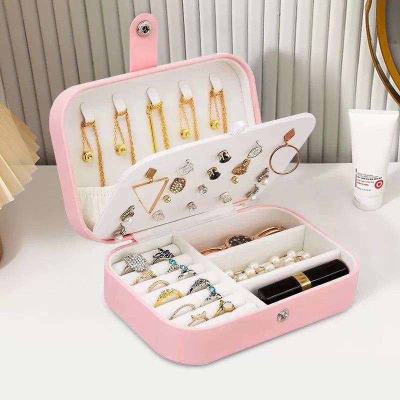 Travel Jewelry Box, PU Leather Small Jewelry Organizer for Women Girls, Portable Mini Travel Case Display Storage Holder Boxes for Stud Earrings, Rings, Necklaces, Bracelets (Pink) - Image 2