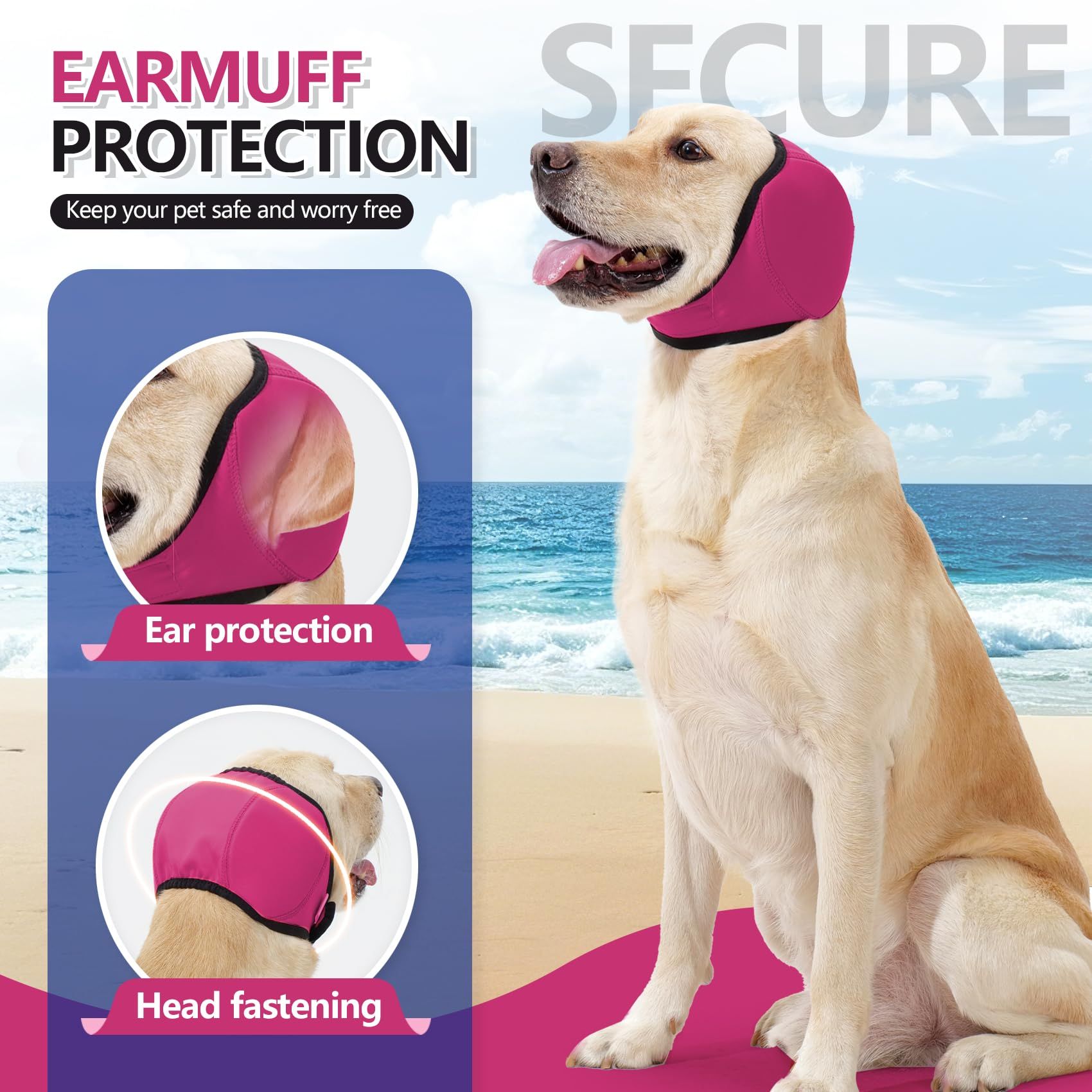 Dog Ear Muffs & No Shake Ear Wrap for Hematoma, Bathing, Drying,Swim& Noise Anxiety Relief - Elastic Waterproof Ear Protector with Calming Hoodie Design  (rose pink, M) - Image 3