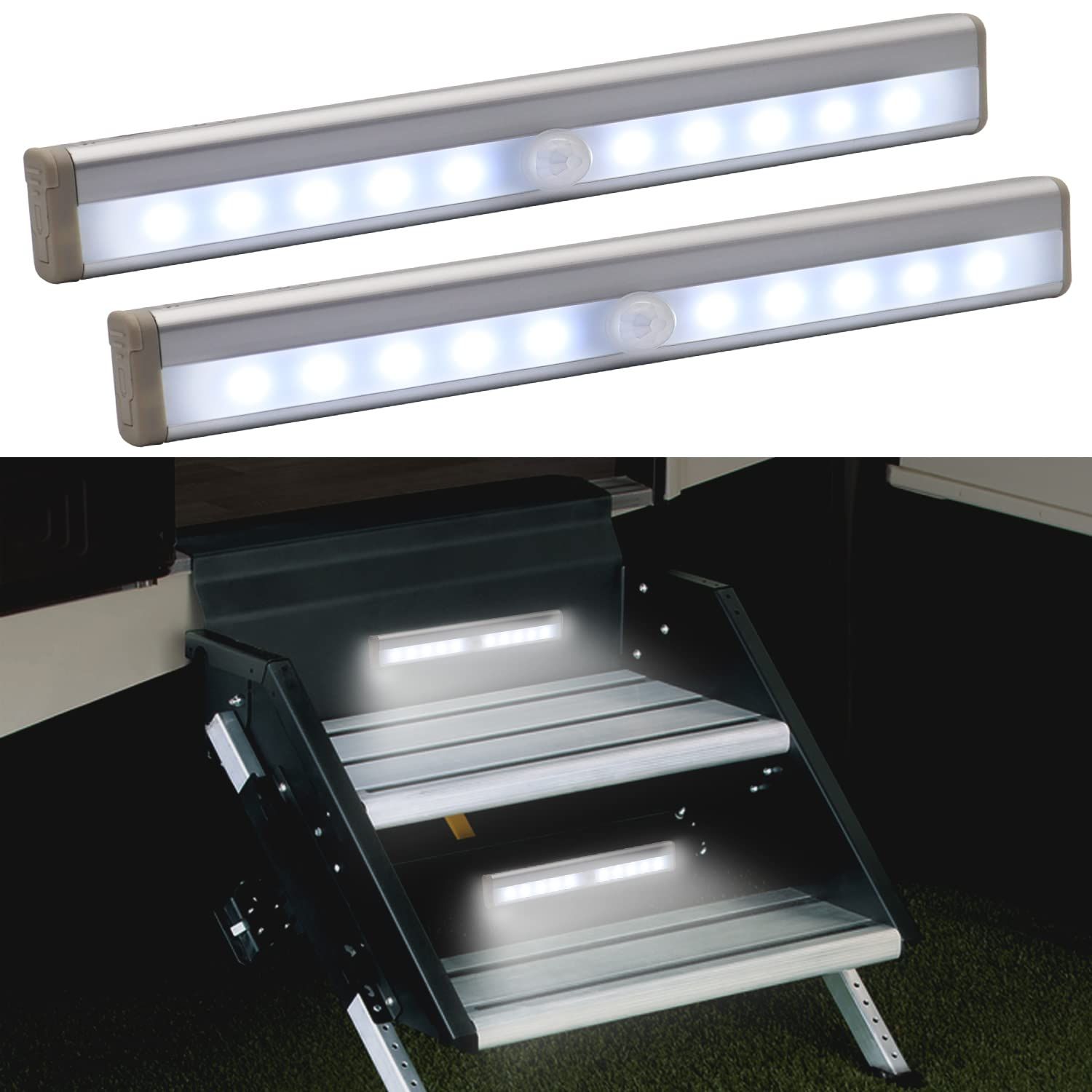 Motion Activated RV Step Lights, 10 LED Battery Operated Motorhome Motion Sensor led Light Strip, Magnetic Night Light Bar for Motorhome Travel,Travel Trailers, Camper (2 Pack) - Image 1