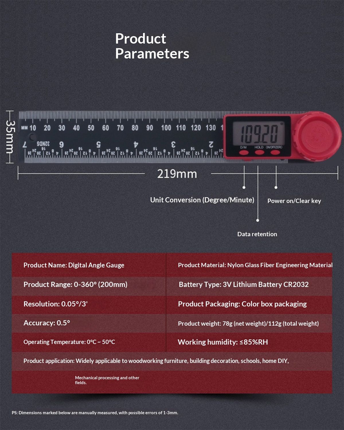 Digital Angle Finder Protractor Third Generation Protractor Angle Finder, Digital Angle Ruler with 7inch/200mm, Angle Gauge for Woodworking/Carpenter/Construction Tools - Image 5