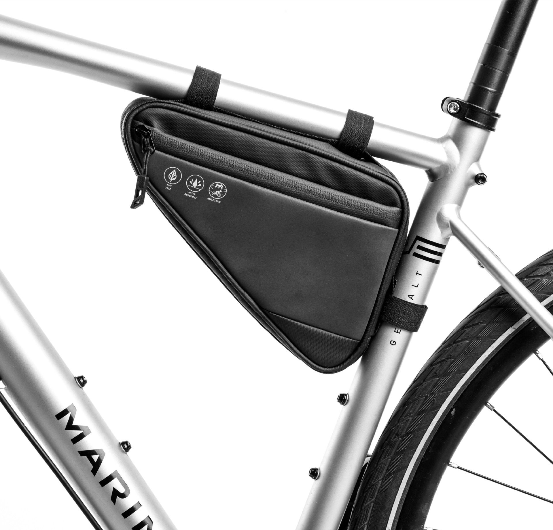 Bike Frame Storage Bag, Water Resistant Reflective Bicycle Triangle Bag with Two Side Pockets, Strap-On Under Seat Tool Accessories Pouch for Mountain Road Bike Trip - Image 1