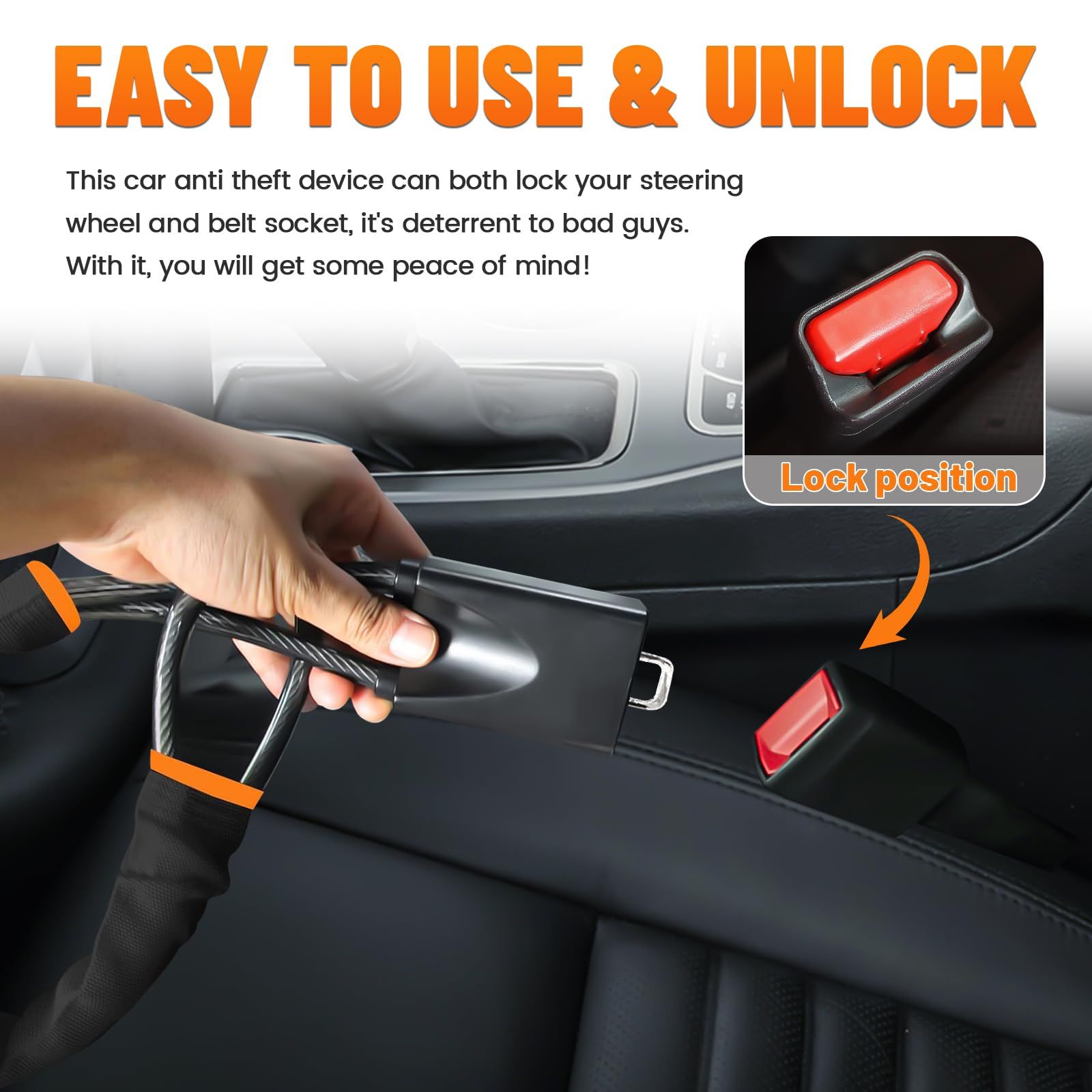 Car Steering Wheel Lock, Seat Belt Lock, Anti-Theft Device, Small and Light-Weight, Multi-Functional, Fit Most Vehicle, SUV, Golf Cart Security (Black) - Image 4