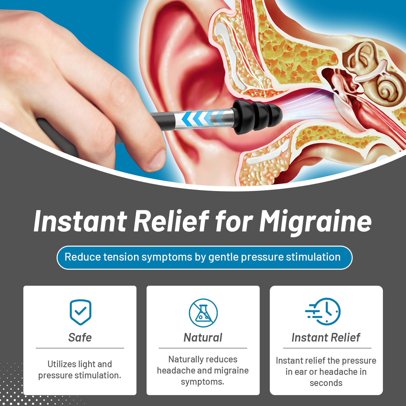 Ear Pressure Relief Device, Instant & Sustained Relief Migraine Ear, Instant Migraine and Headache Alleviation Through Targeted Inner Ear Stimulation (grey) - Image 2