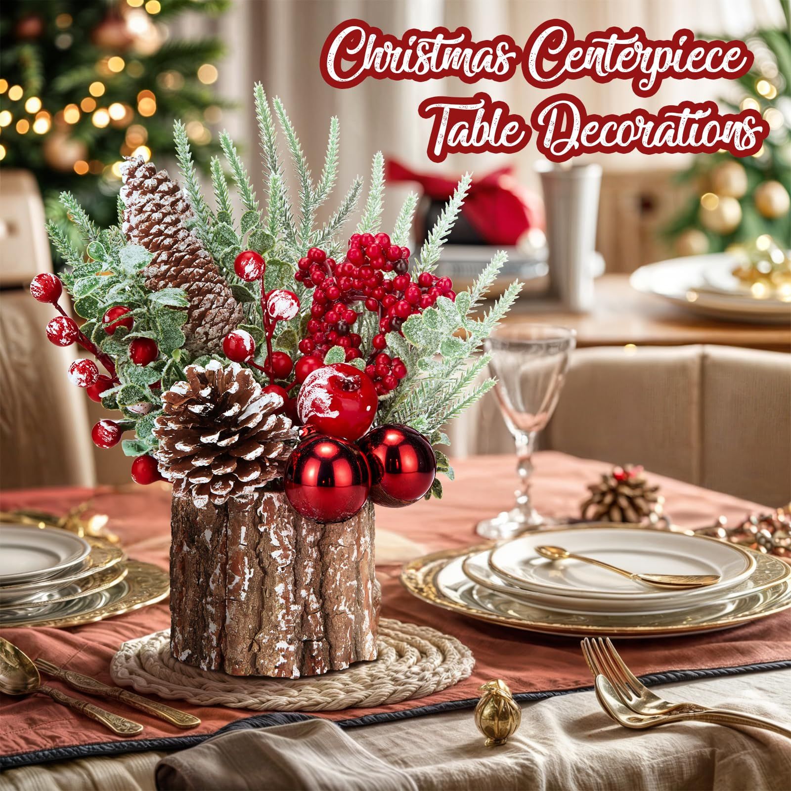 Christmas Decorations Indoor, Christmas Centerpiece Table Decorations, Small Artificial Tabletop/Desk Christmas Tree with Xmas Ornaments Pinecone Berry for Home Farmhouse  Décor (35*10cm) - Image 2