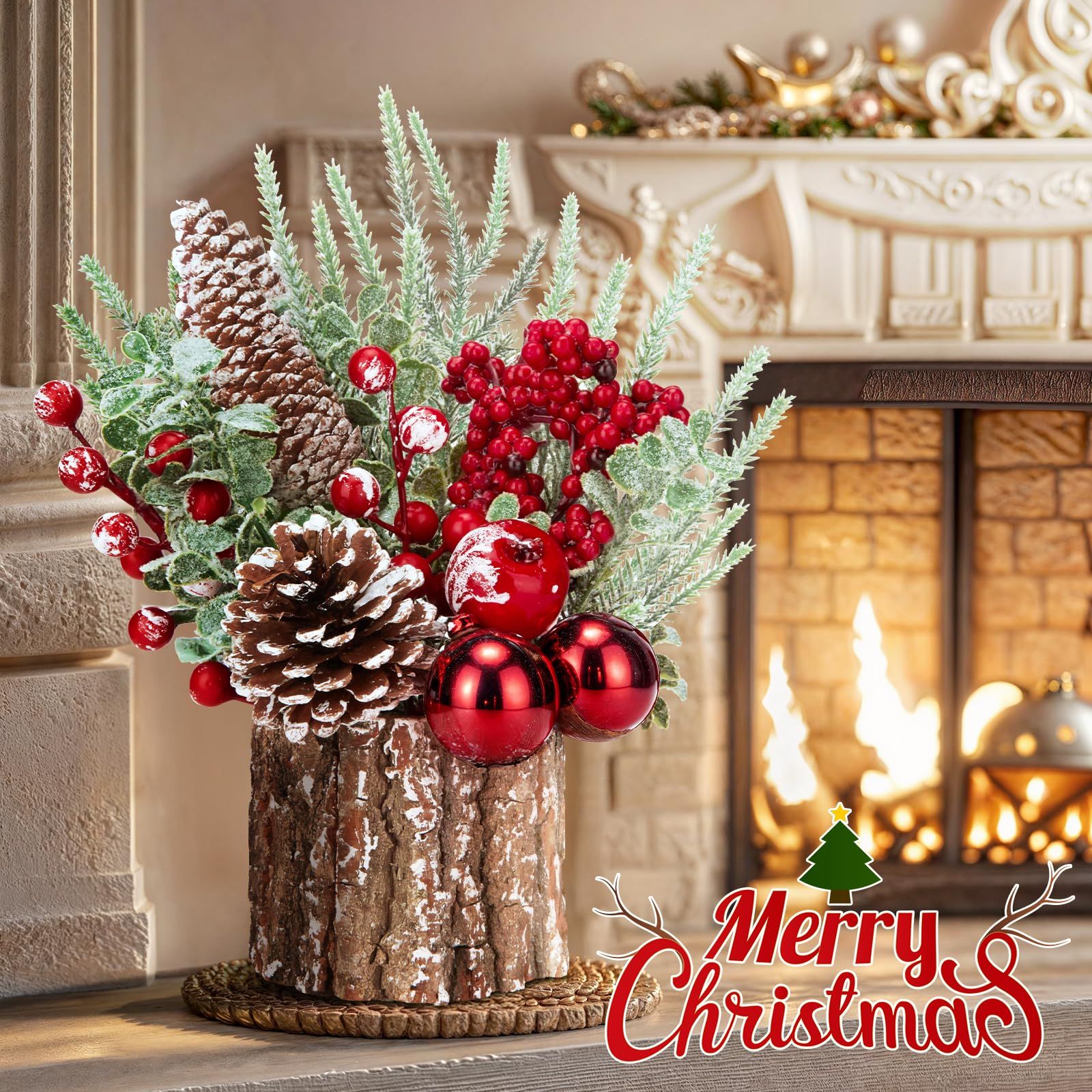 Christmas Decorations Indoor, Christmas Centerpiece Table Decorations, Small Artificial Tabletop/Desk Christmas Tree with Xmas Ornaments Pinecone Berry for Home Farmhouse  Décor (35*10cm) - Image 3