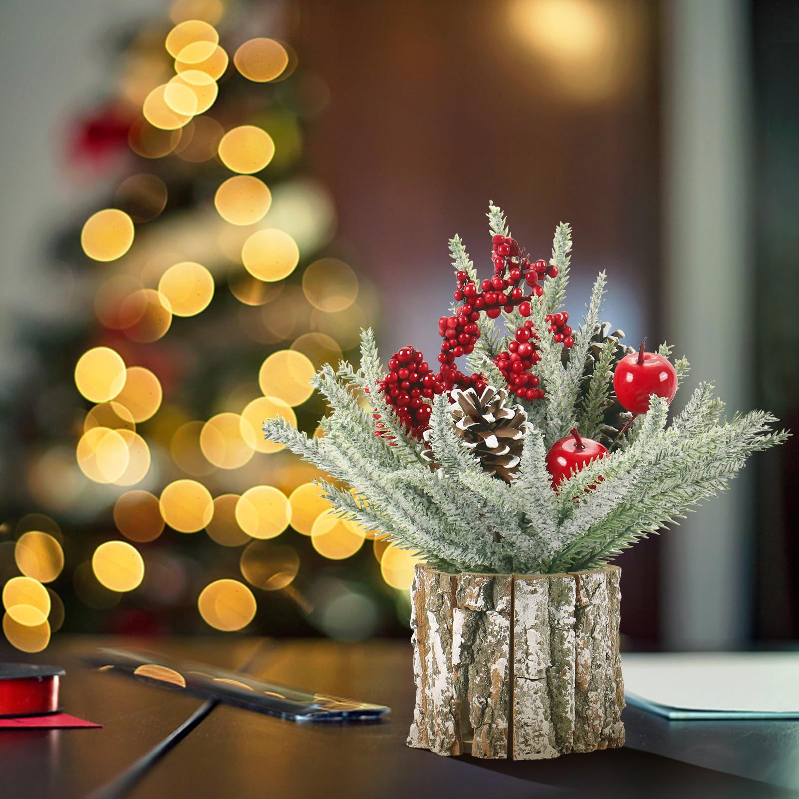 Christmas Decorations Indoor, Christmas Centerpiece Table Decorations, Small Artificial Tabletop/Desk Christmas Tree with Xmas Ornaments Pinecone Berry for Home Farmhouse  Décor (35*10cm) - Image 5