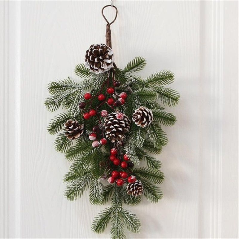 Elegant Flocked Teardrop Swags with Pinecones and Berries, Shimmering Holiday Hanging Decor for Indoor Door Wall Mantel,（55*35cm） - Image 1