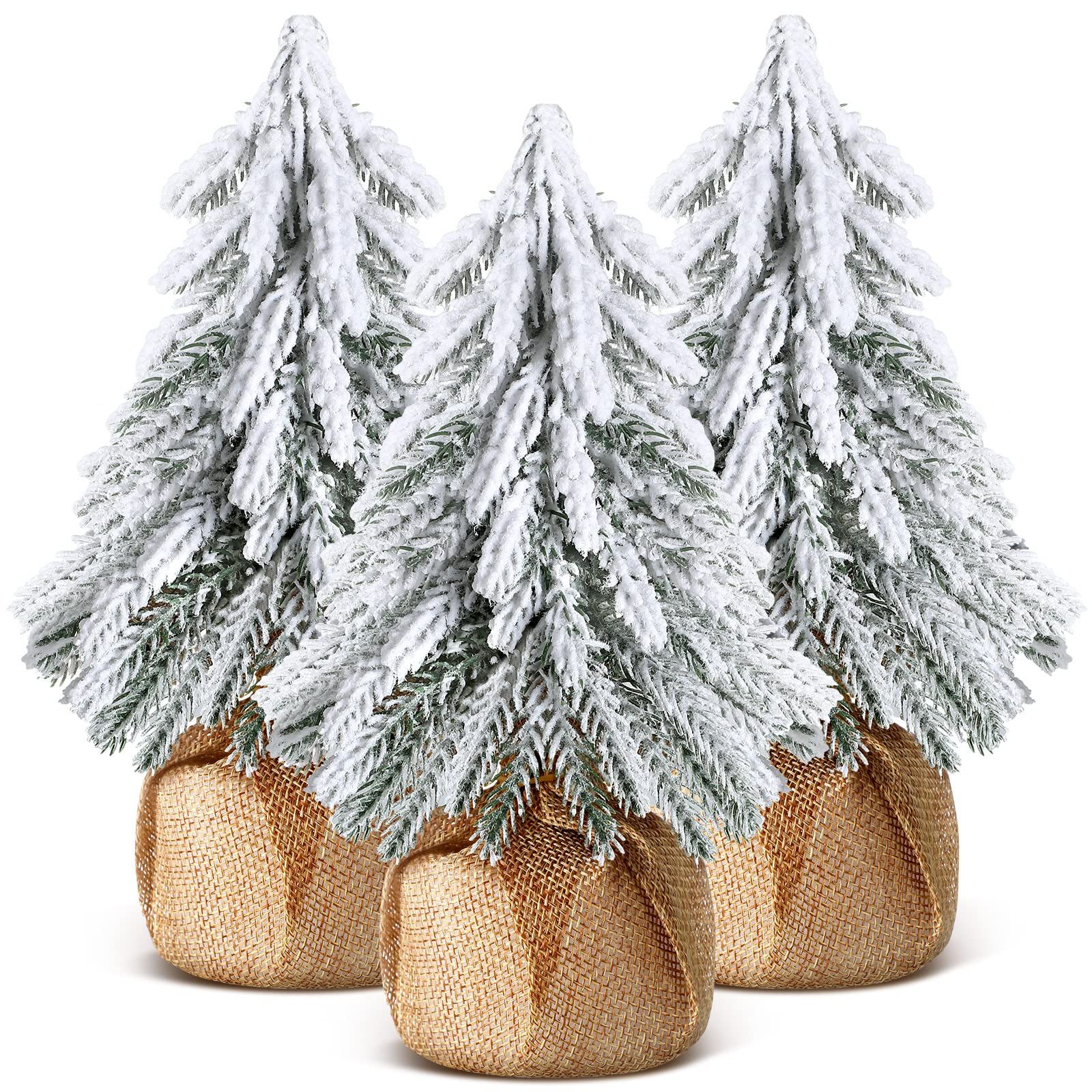 3 Pcs Snow Tabletop Christmas Trees, Snow Flocked Mini Tabletop Pine Trees with Wooden Base,Artificial Desk Christmas Trees for Xmas Holiday Home Party Table Decorations(22cm) - Image 1
