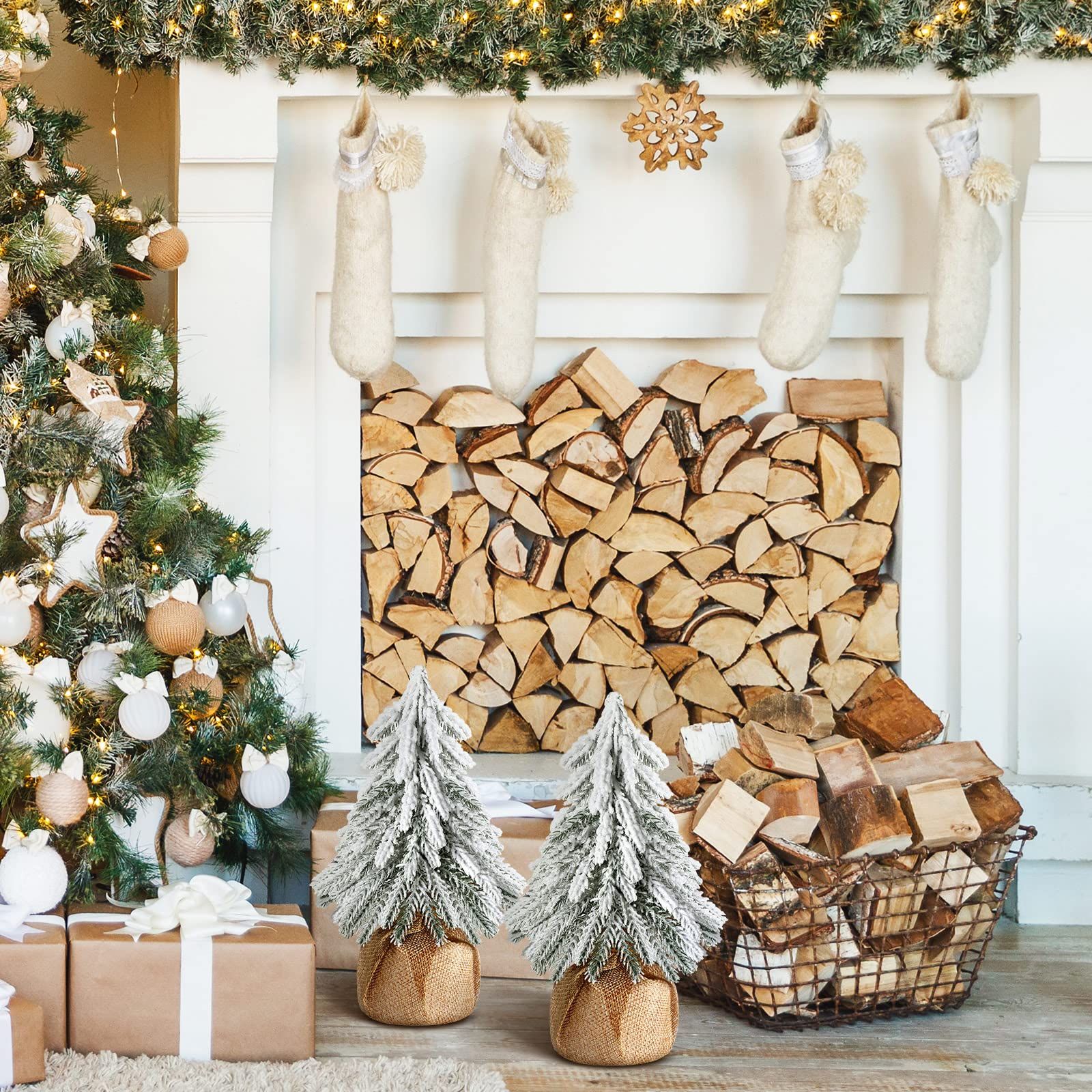 3 Pcs Snow Tabletop Christmas Trees, Snow Flocked Mini Tabletop Pine Trees with Wooden Base,Artificial Desk Christmas Trees for Xmas Holiday Home Party Table Decorations(22cm) - Image 2