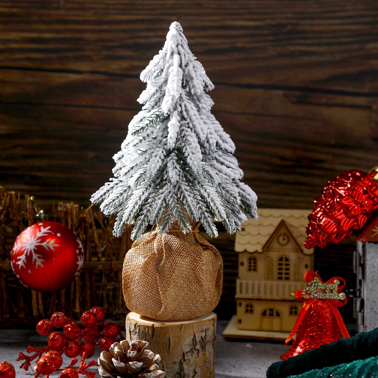 3 Pcs Snow Tabletop Christmas Trees, Snow Flocked Mini Tabletop Pine Trees with Wooden Base,Artificial Desk Christmas Trees for Xmas Holiday Home Party Table Decorations(22cm) - Image 4