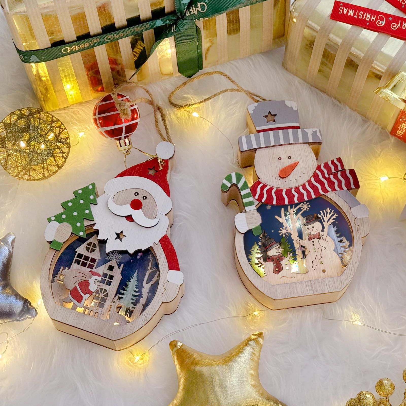 2 Pcs Wooden Christmas Ornaments, Light Wooden Hanging Ornaments Santa Claus Snowman Ornaments for Christmas Tree，16*10.5*3.5cm（The packaging does not include batteries） - Image 5