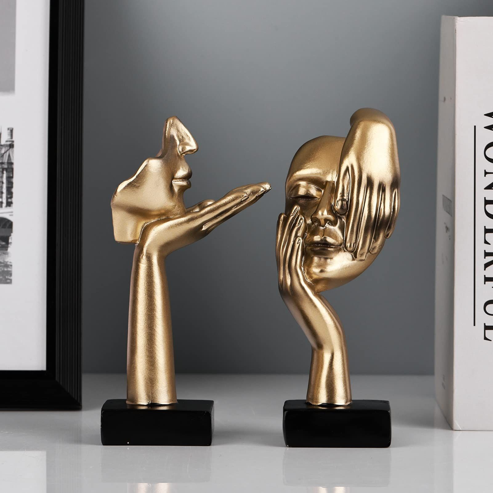 2Pcs Small Statue Set - Black Gold Home Decor Abstract Art Figurines for Shelves, Living Room Coffee Table, Office Desktop (17*6.5cm) - Image 2