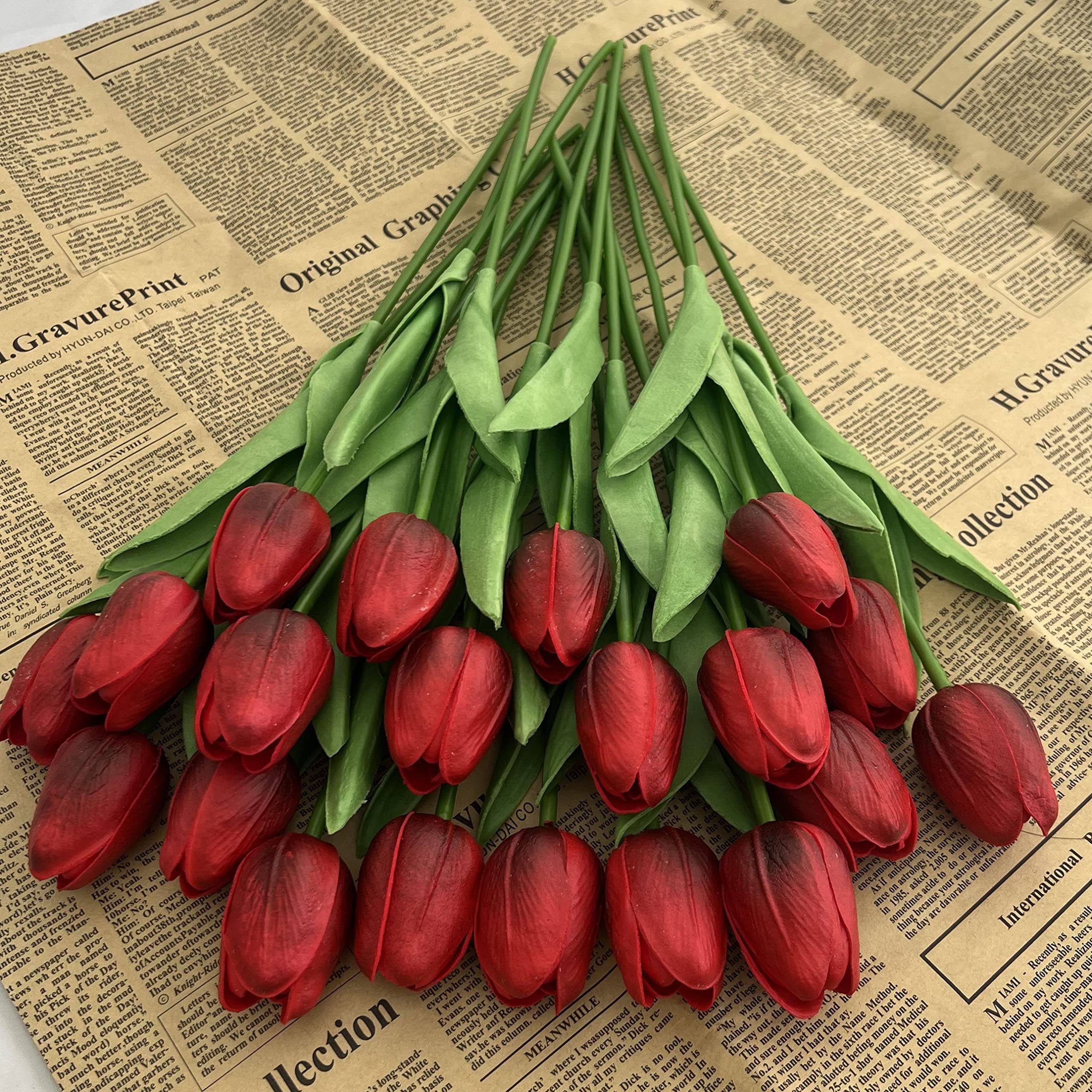 20pcs Artificial Tulips Flowers Fake Faux  Tulip Bouquet Real Touch Flower Arrangement for Home Room Office Party Wedding Decoration Excellent Gift Idea for Mothers Day(red) - Image 2