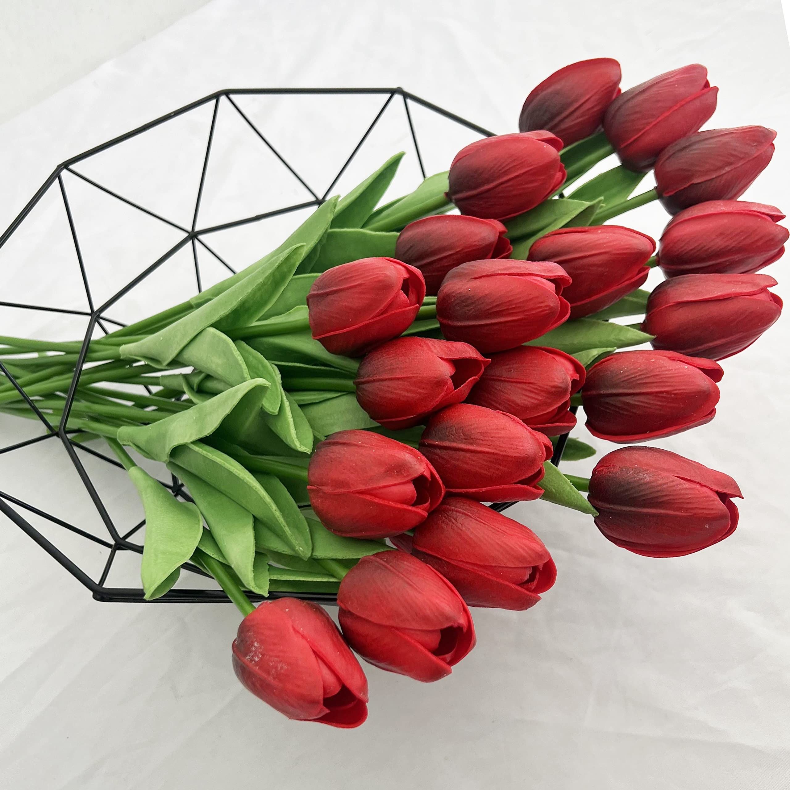 20pcs Artificial Tulips Flowers Fake Faux  Tulip Bouquet Real Touch Flower Arrangement for Home Room Office Party Wedding Decoration Excellent Gift Idea for Mothers Day(red) - Image 3