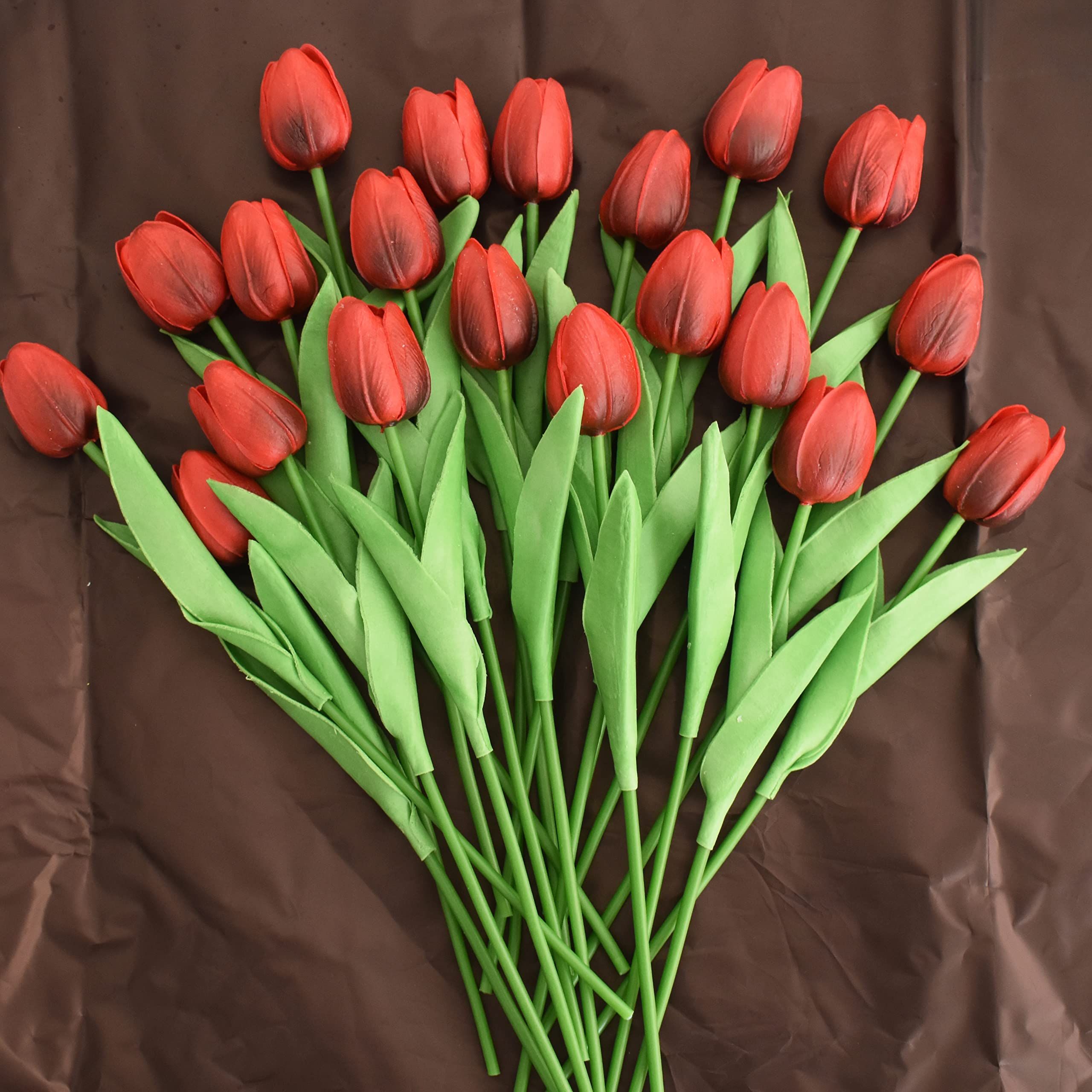 20pcs Artificial Tulips Flowers Fake Faux  Tulip Bouquet Real Touch Flower Arrangement for Home Room Office Party Wedding Decoration Excellent Gift Idea for Mothers Day(red) - Image 4
