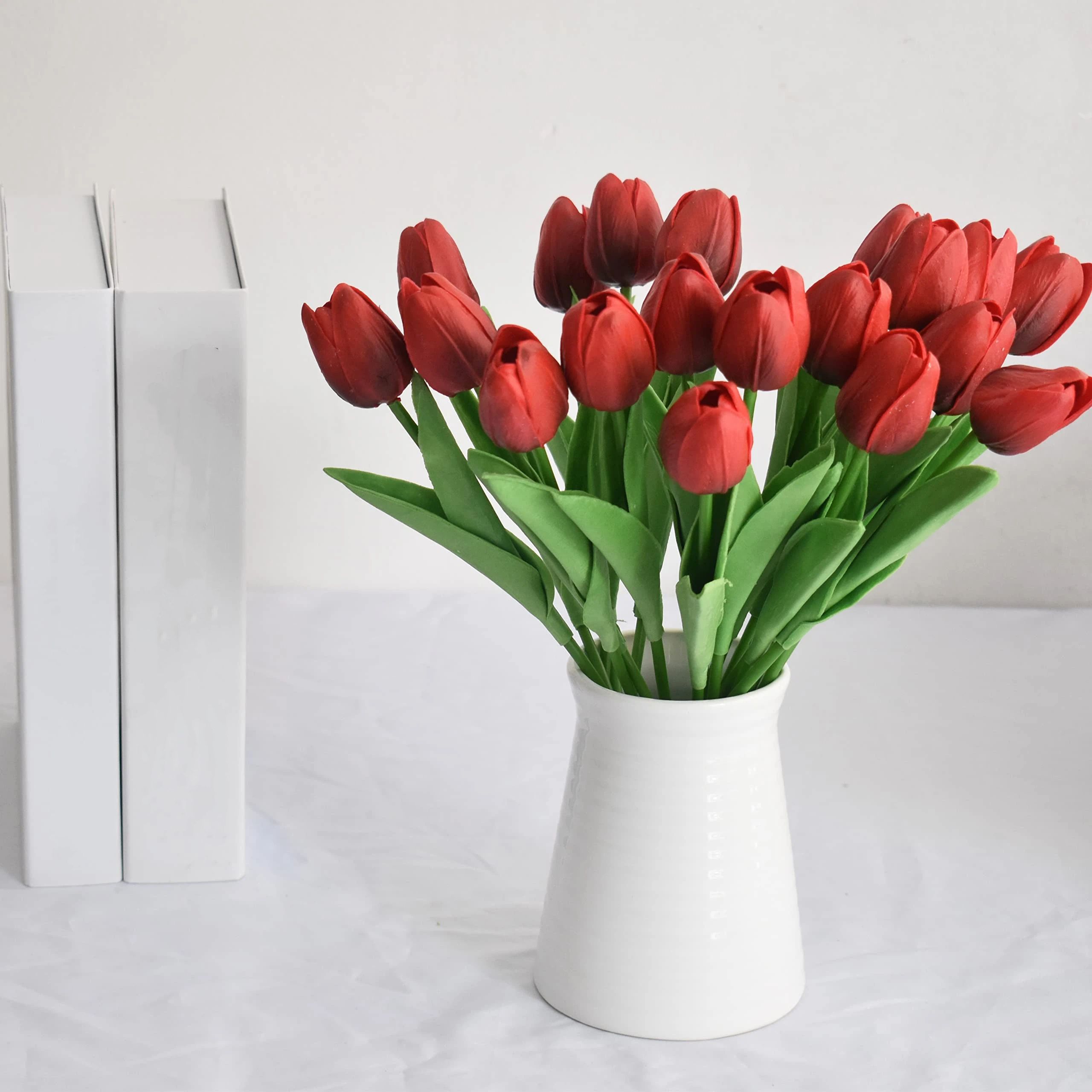 20pcs Artificial Tulips Flowers Fake Faux  Tulip Bouquet Real Touch Flower Arrangement for Home Room Office Party Wedding Decoration Excellent Gift Idea for Mothers Day(red) - Image 5