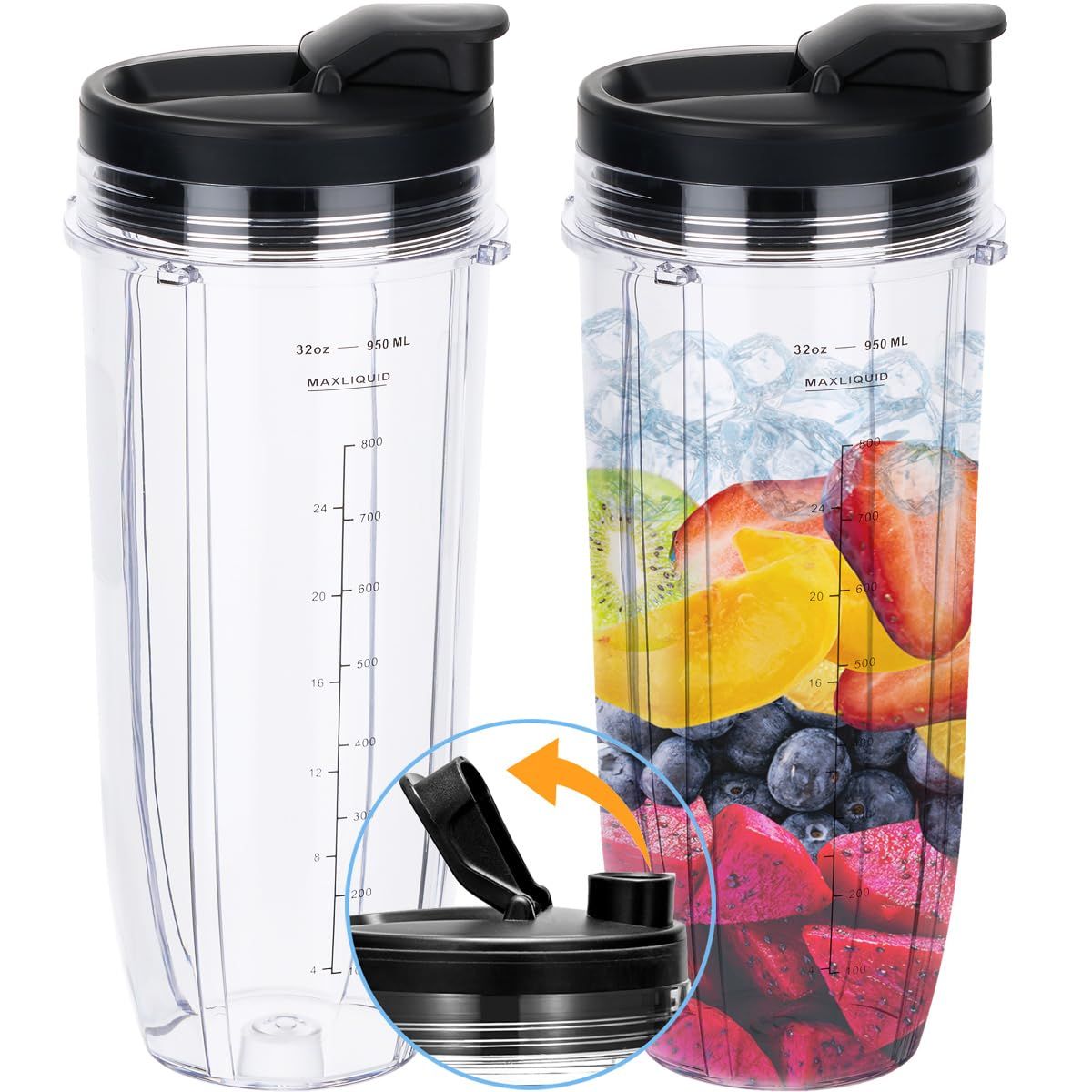 Replacement 32oz Blender Cup with Sip & Seal Lid For BL450 BL454 Bl455 BL456 BL480 BL481 BL482 BL490 BL640 BL642 BL682 SS101 SS401 SS351  Auto Series Blenders, 2-Pack … - Image 1