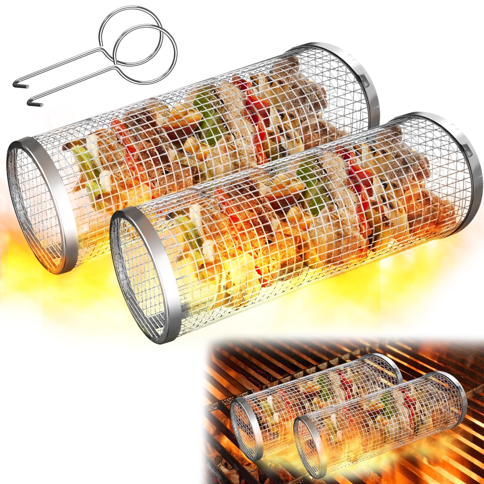 2PCS Rolling Grill Baskets for Outdoor Grill, Egg Accessories-Set Includes Fork, Hook, and Oil Brush-304g Stainless Steel-Perfect Gifts for Dad, Camping Must Haves, Unique Outdoor Gifts - Image 1