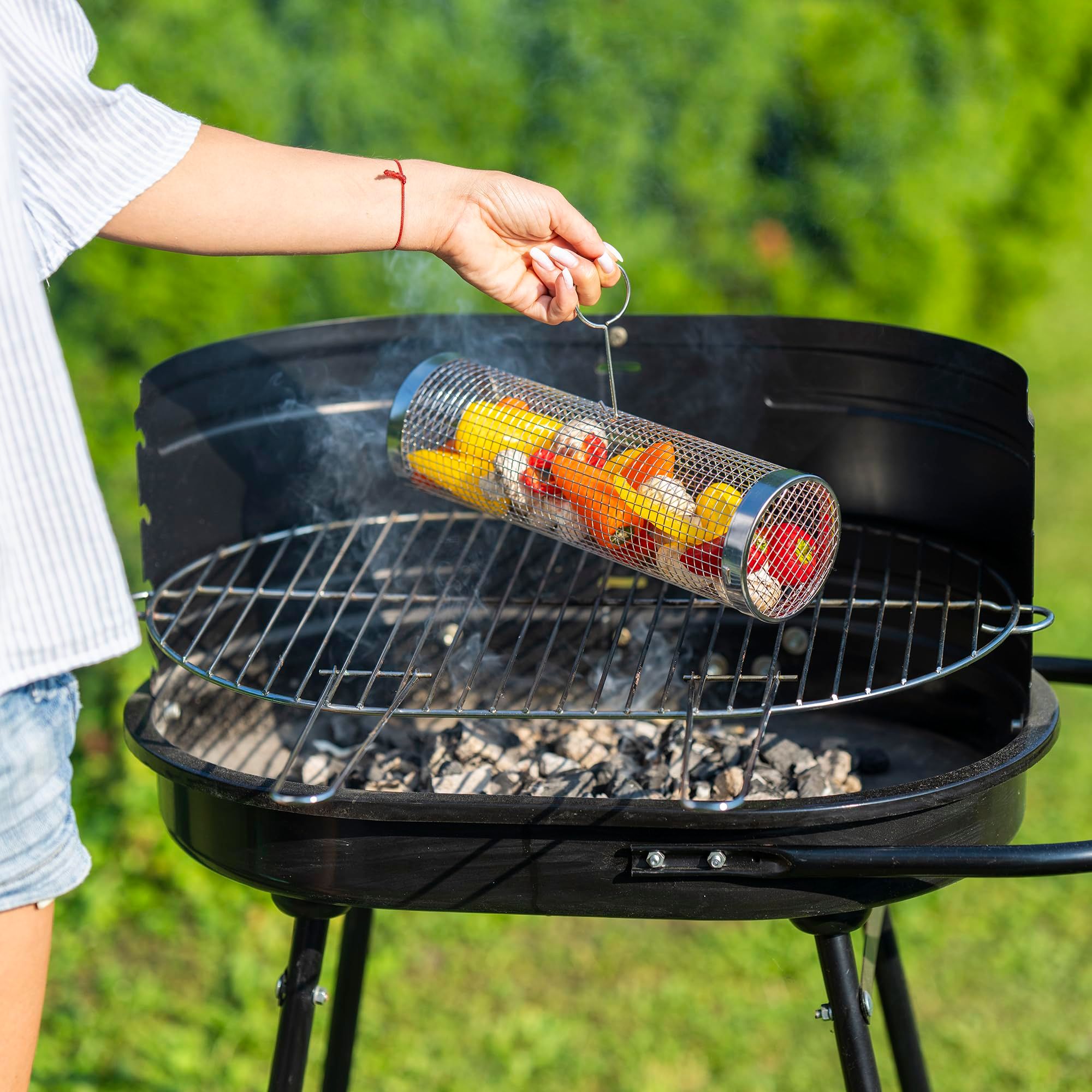 2PCS Rolling Grill Baskets for Outdoor Grill, Egg Accessories-Set Includes Fork, Hook, and Oil Brush-304g Stainless Steel-Perfect Gifts for Dad, Camping Must Haves, Unique Outdoor Gifts - Image 2