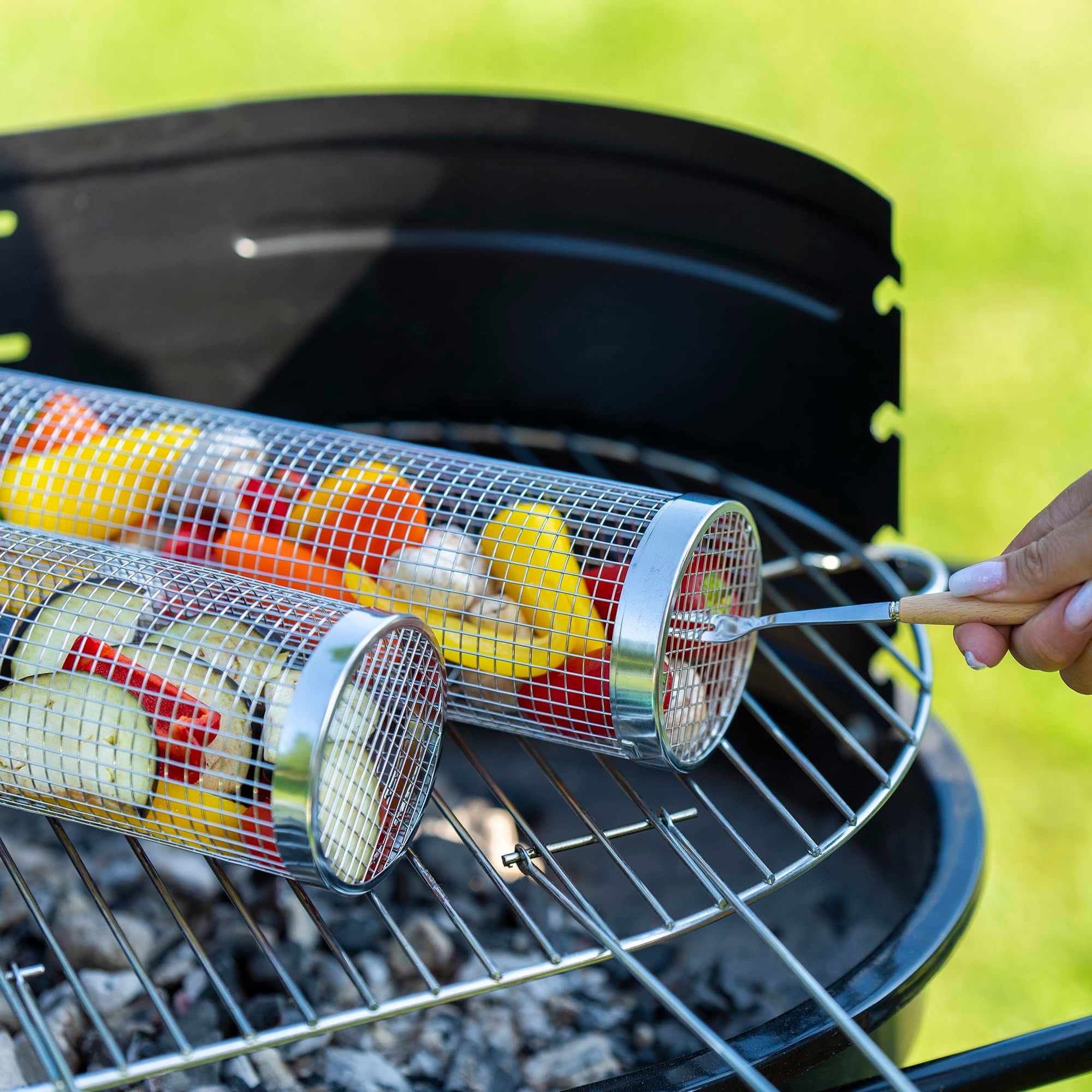 2PCS Rolling Grill Baskets for Outdoor Grill, Egg Accessories-Set Includes Fork, Hook, and Oil Brush-304g Stainless Steel-Perfect Gifts for Dad, Camping Must Haves, Unique Outdoor Gifts - Image 3