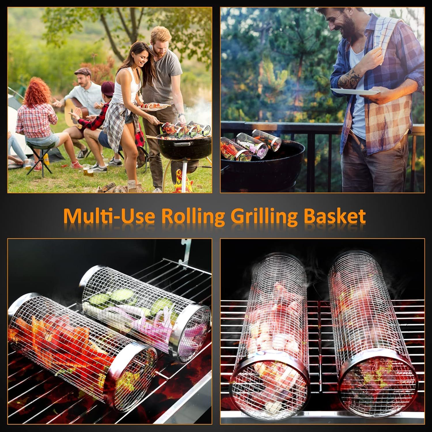 2PCS Rolling Grill Baskets for Outdoor Grill, Egg Accessories-Set Includes Fork, Hook, and Oil Brush-304g Stainless Steel-Perfect Gifts for Dad, Camping Must Haves, Unique Outdoor Gifts - Image 4