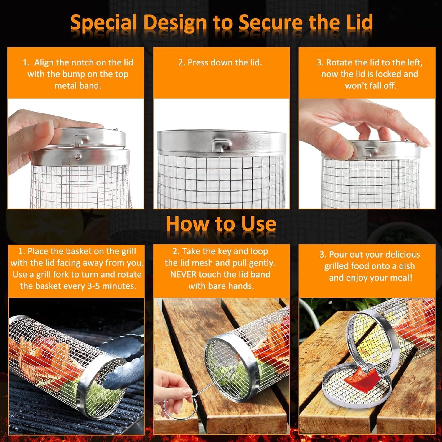 2PCS Rolling Grill Baskets for Outdoor Grill, Egg Accessories-Set Includes Fork, Hook, and Oil Brush-304g Stainless Steel-Perfect Gifts for Dad, Camping Must Haves, Unique Outdoor Gifts - Image 5