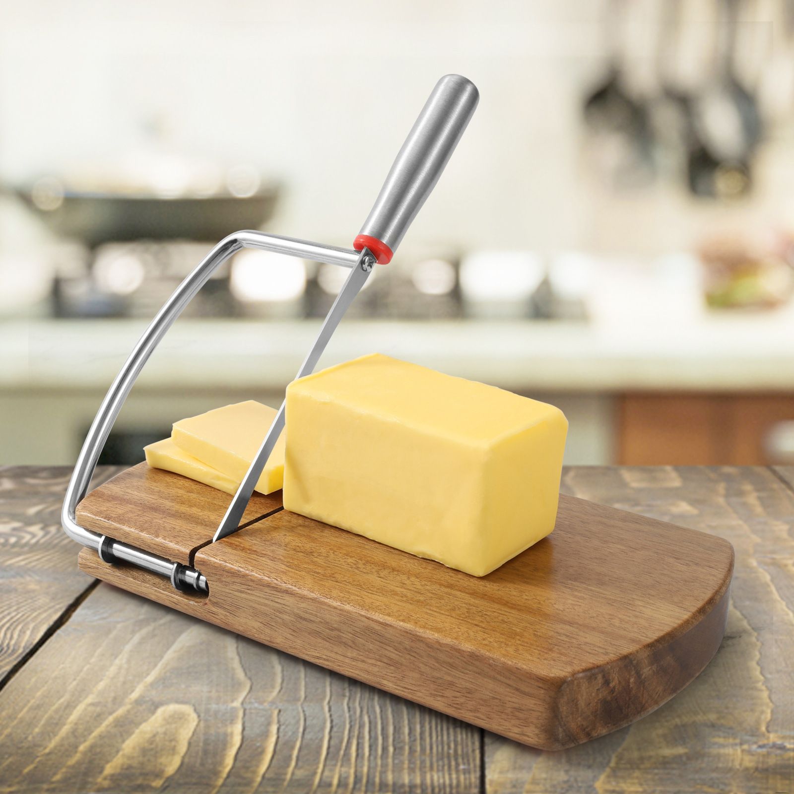 Wooden Cheese Slicer, Cheese Cutter Board with Stainless Steel Blade for Block Cheese, Vegetables, Butter, Sausages, Bread - Image 3