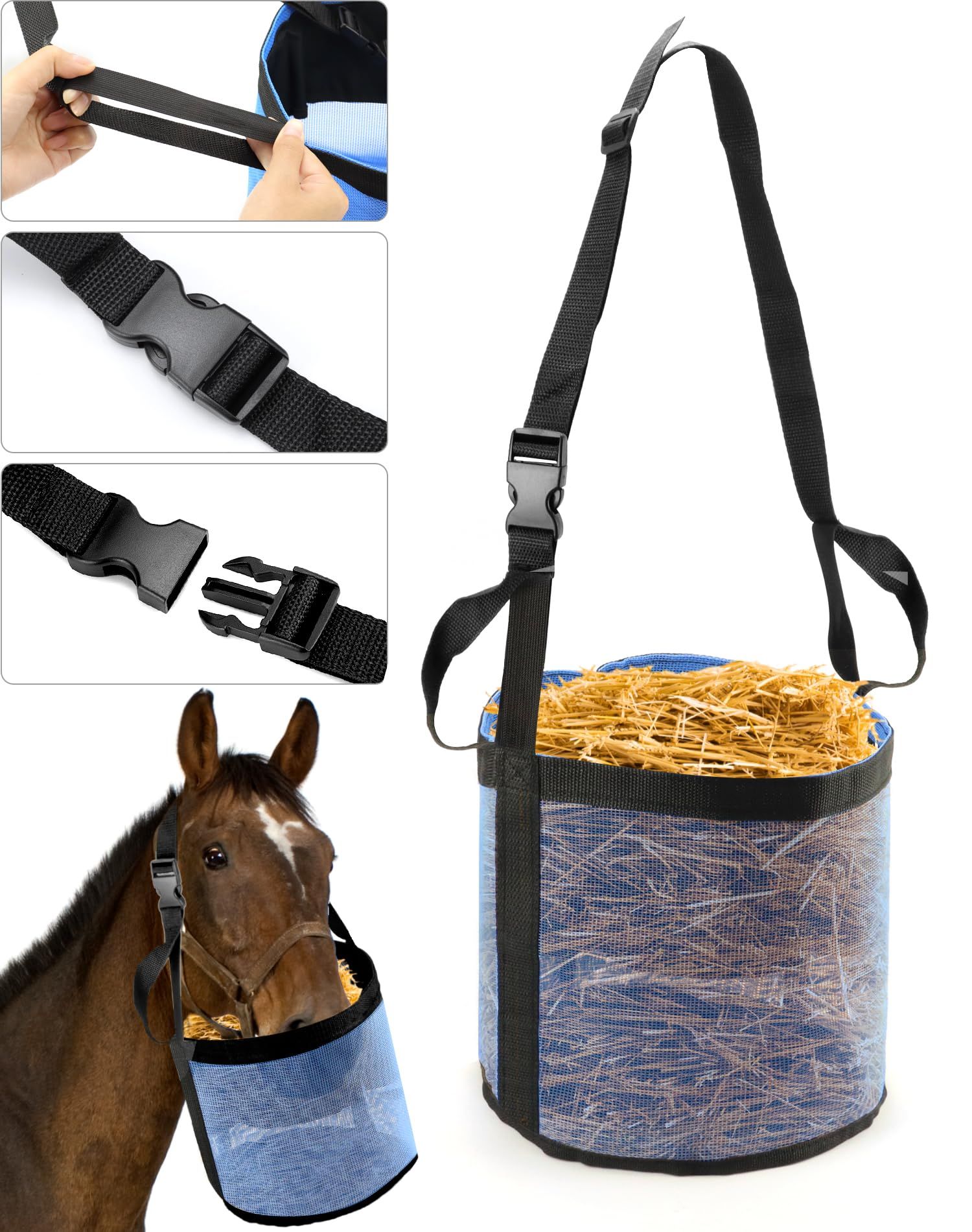 2 Pack Horse Feed Bag for Grain - Durable Mesh Grain Feeder with Adjustable Strap, Comfortable Neck and Nose Pad Horse Muzzle Feed Bag, (blue S size 21 * 18cm) - Image 4