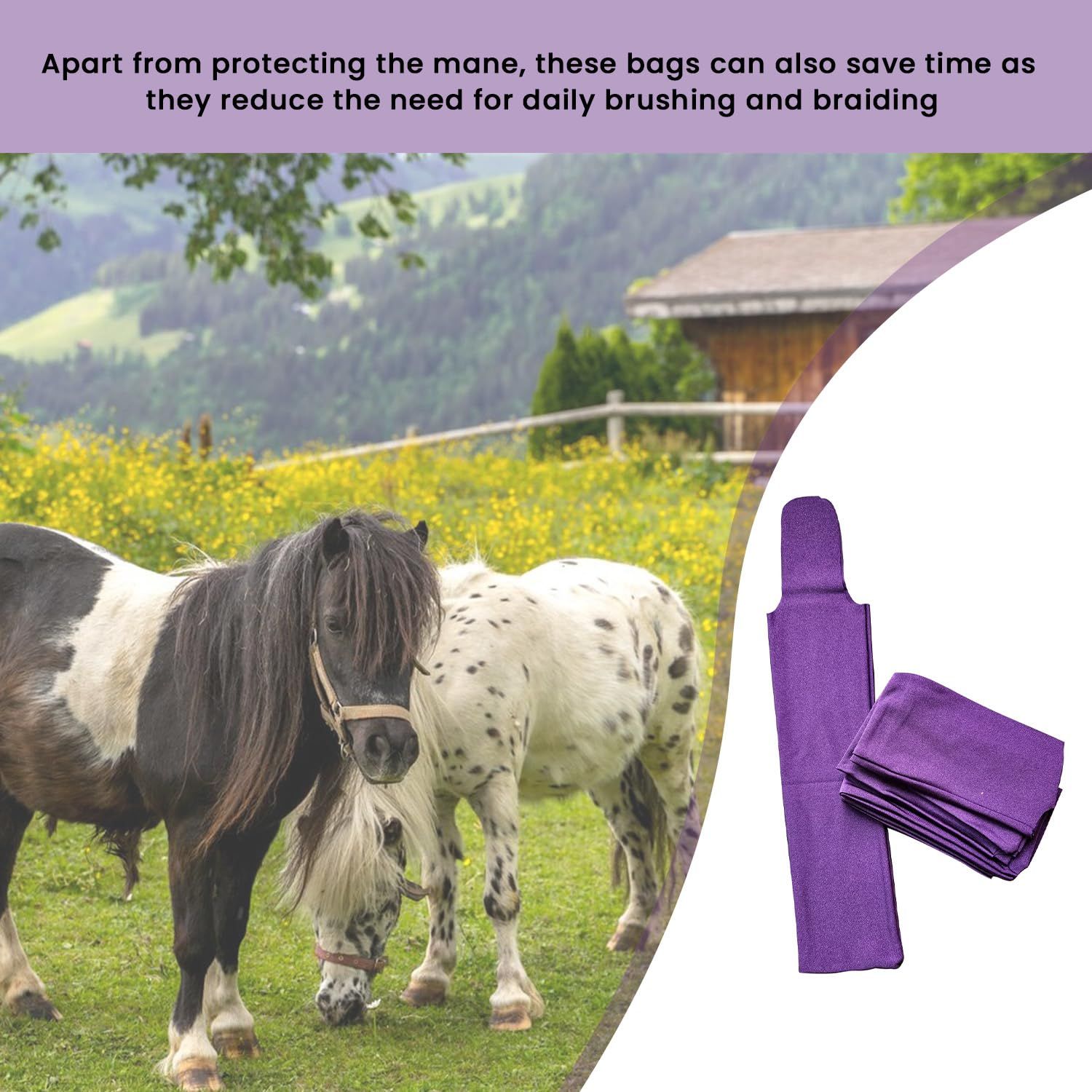 Protect Horse's Mane from Wind, Sun & Mud - Prevents Tangles, Rubbing Out and Breakage - Made with Nylon - Easy to Use and Washable - Set of 8  Purple; - Image 4