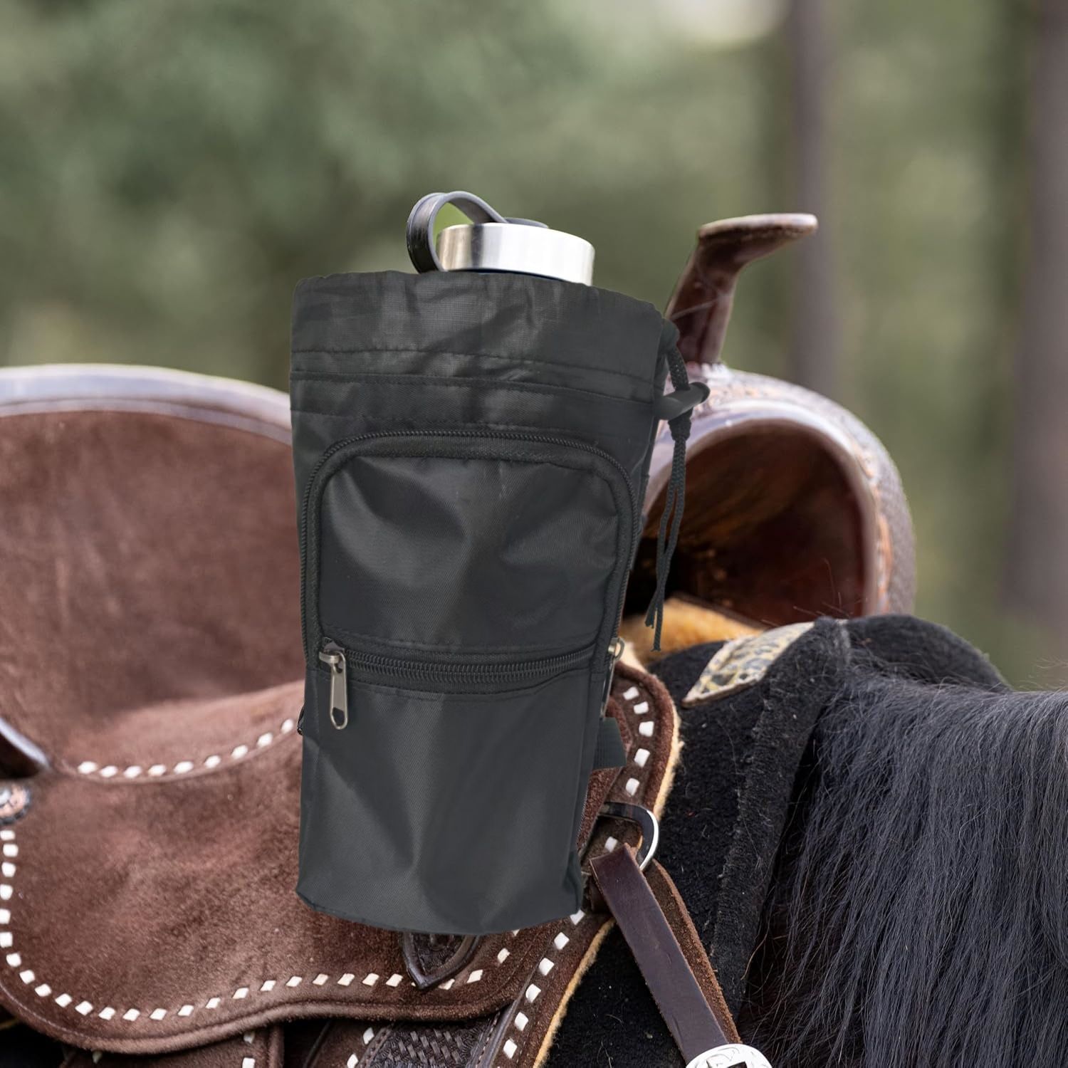 Saddle Water Bottle Holder with Pocket, Saddlebags for Horses with Adjustable Strap, Horse Riding Accessory, Easy to Attach, Black - Image 3