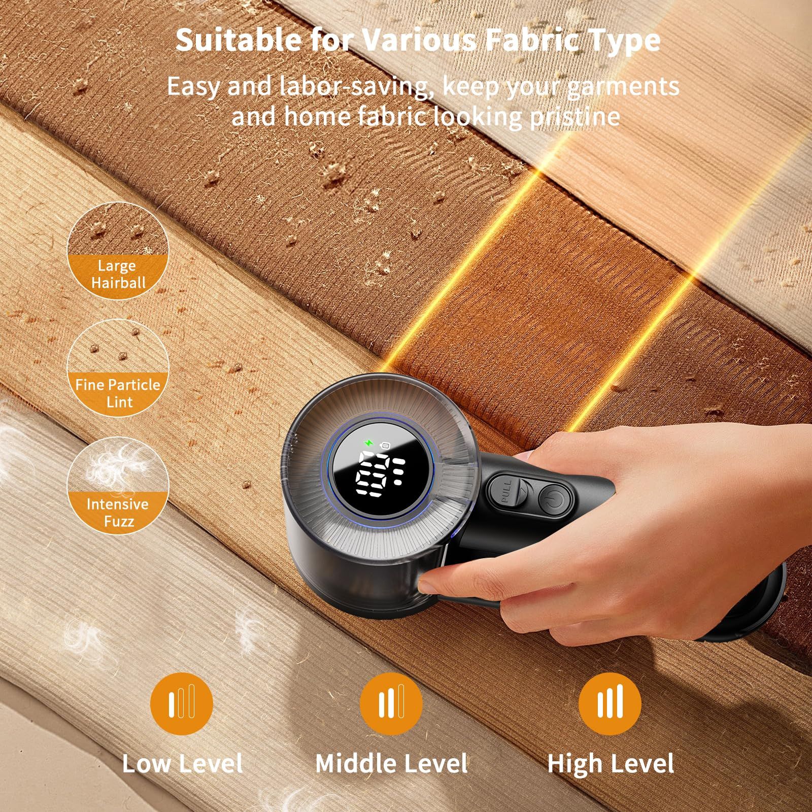Electric Fabric Shaver & Lint Remover, Rechargeable Portable 3-Speed LED Digital Display Sweater Defuzzer for Clothes, Sofa, Bedding - Removes Lint, Hairball, Fuzz - Black - Image 3