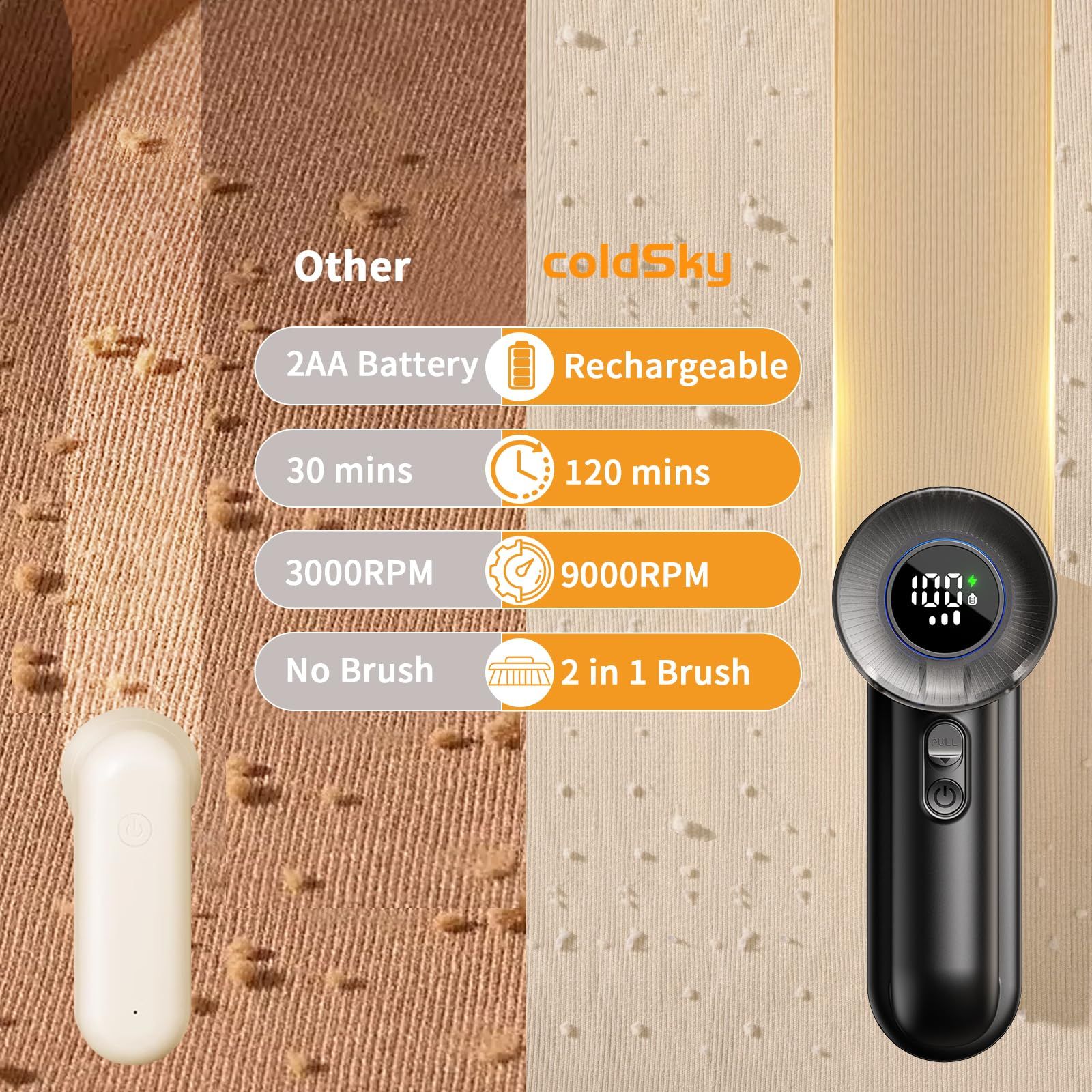 Electric Fabric Shaver & Lint Remover, Rechargeable Portable 3-Speed LED Digital Display Sweater Defuzzer for Clothes, Sofa, Bedding - Removes Lint, Hairball, Fuzz - Black - Image 4