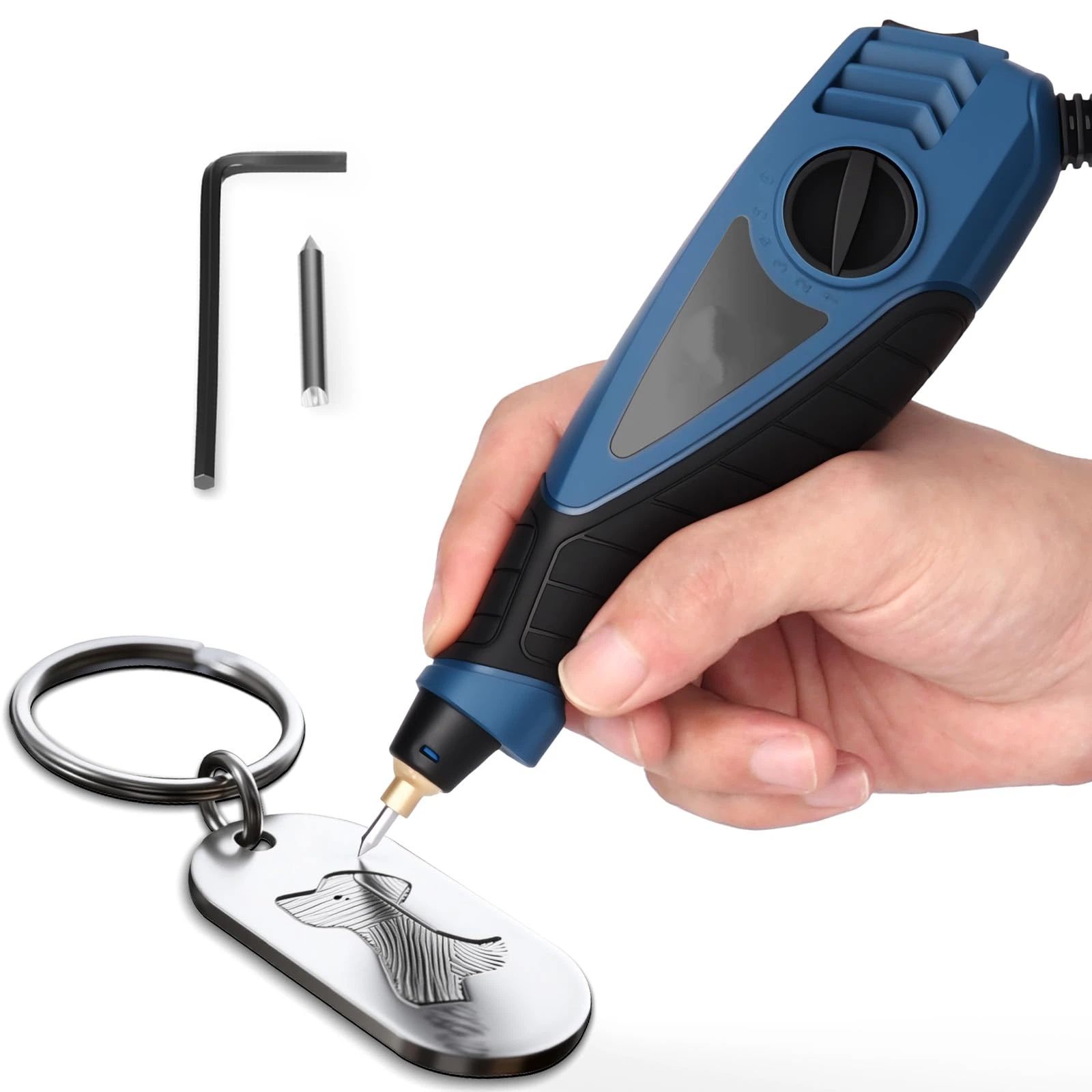 Engraver Pen, 25W 6 Speed Engraving Pen for Metal, Wood, Glass and Plastic, Handheld Engraving Etching Tool with Tungsten Carbide Steel Bit and Hex Key Ink blue 220V - Image 1