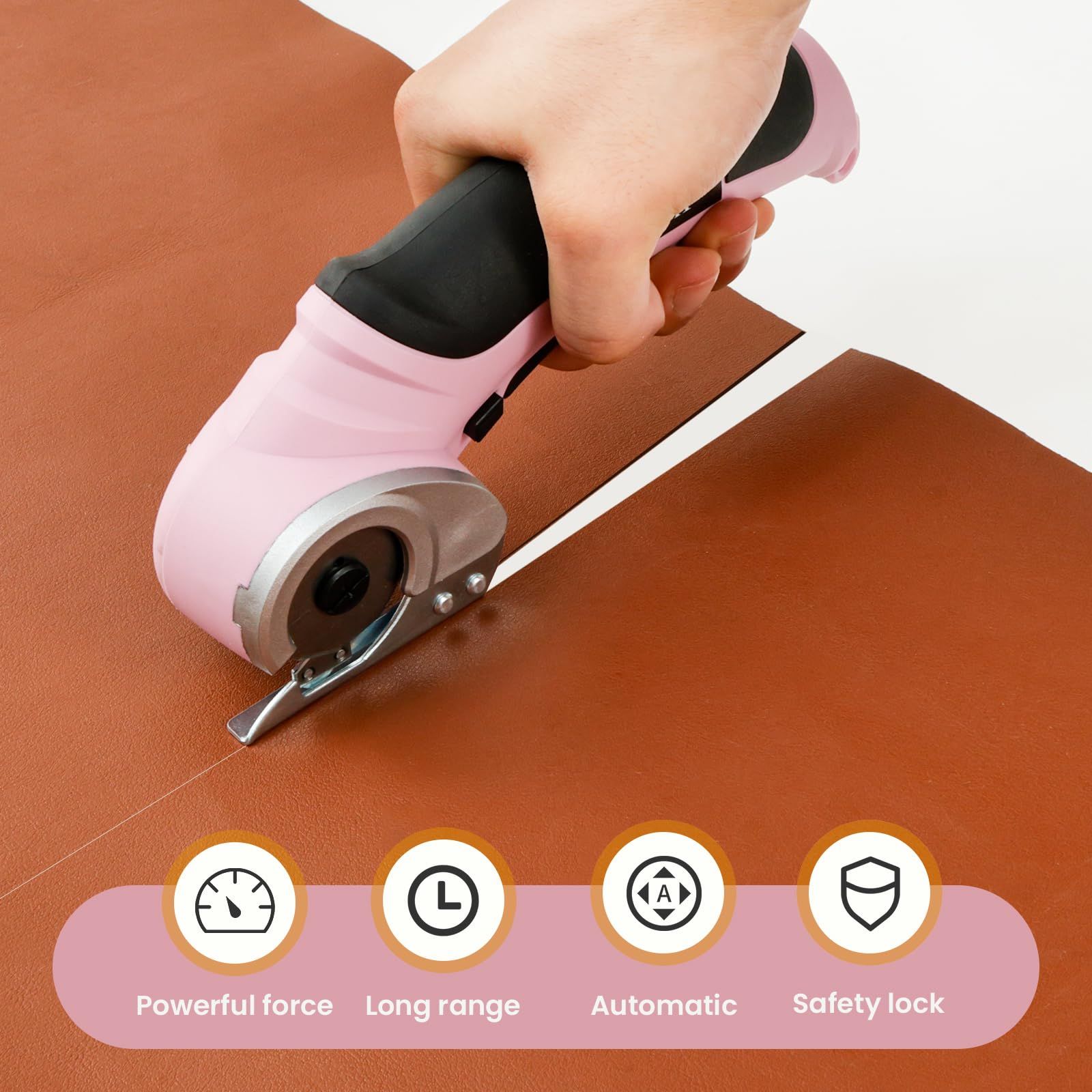 Cordless Electric Scissors, Cardboard Cutter with Safety Lock Electric Mini Cutter Power Rotary Scissors for Leather Felt Rug Box with Storage Box Pink - Image 3